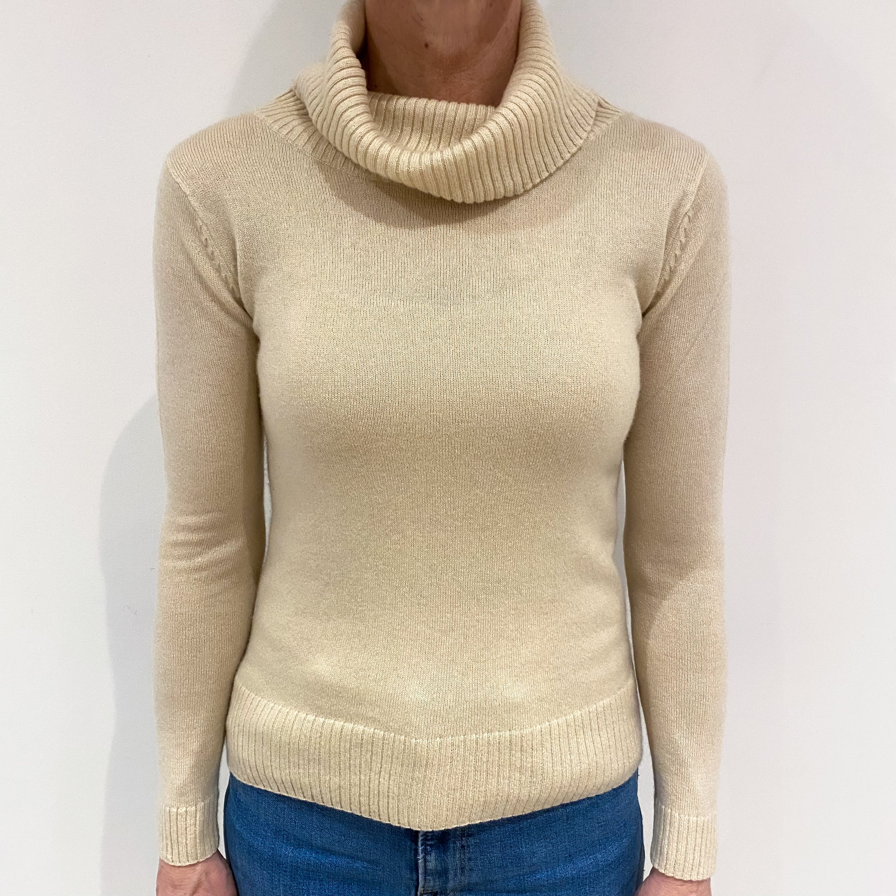 Sandy Beige Cashmere Polo Neck Jumper Small