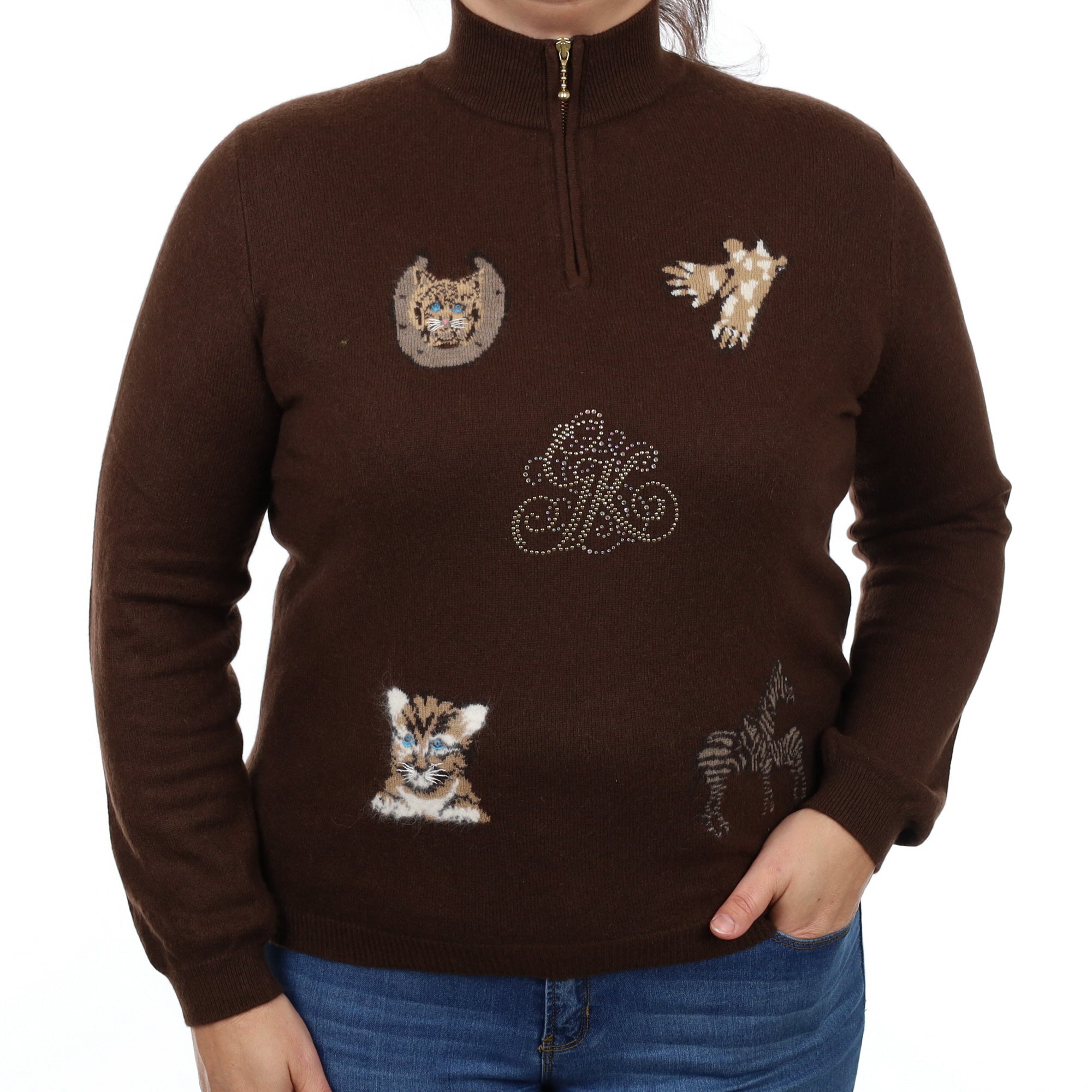 Choc Brown Animal Print Cashmere 1/4 Zip Jumper Large