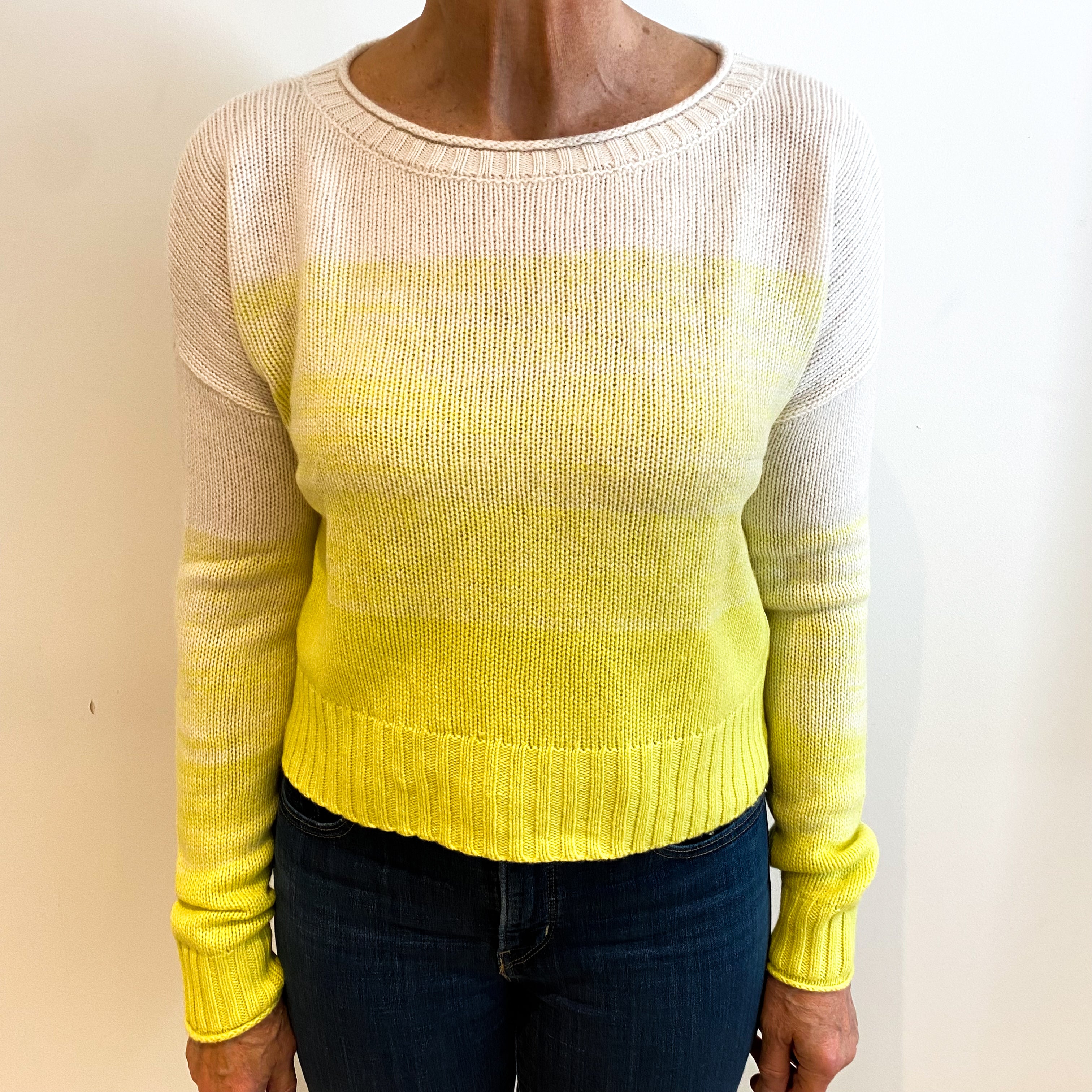 White And Neon Green Ombré Cashmere Crew Neck Jumper Medium