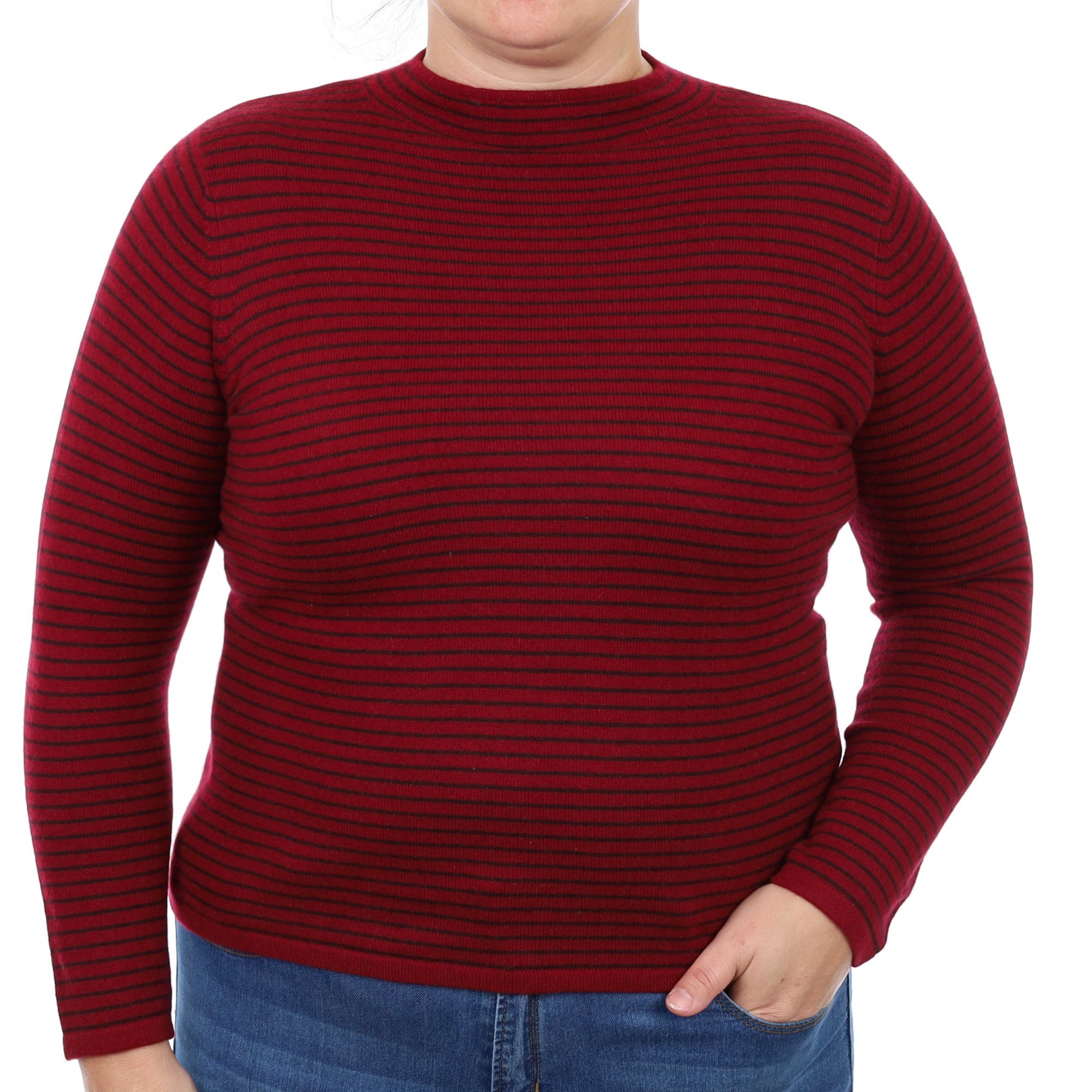 Crimson Red Striped Cashmere Turtle Neck Jumper Large