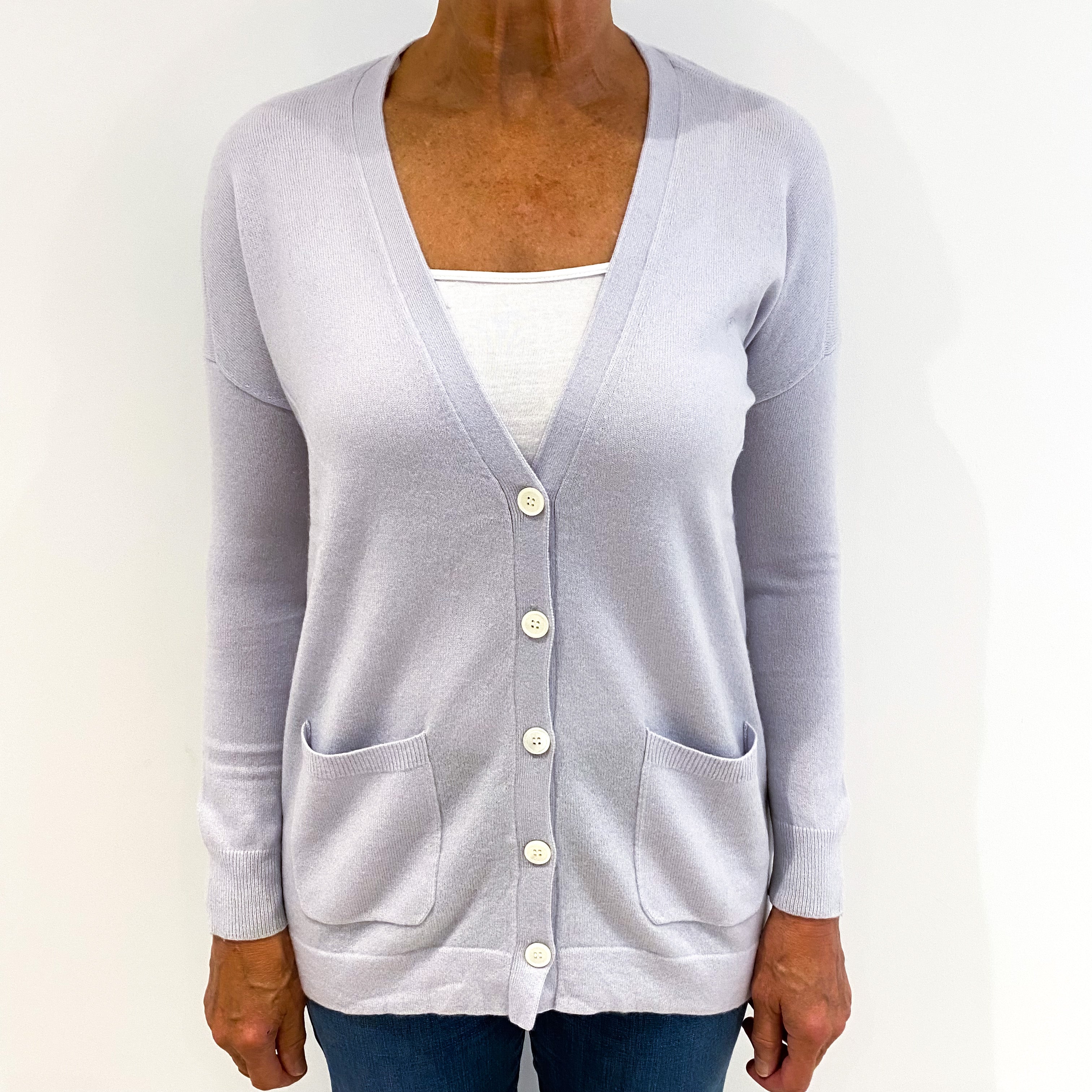 White Company Pale Grey Cashmere V-Neck Cardigan Medium