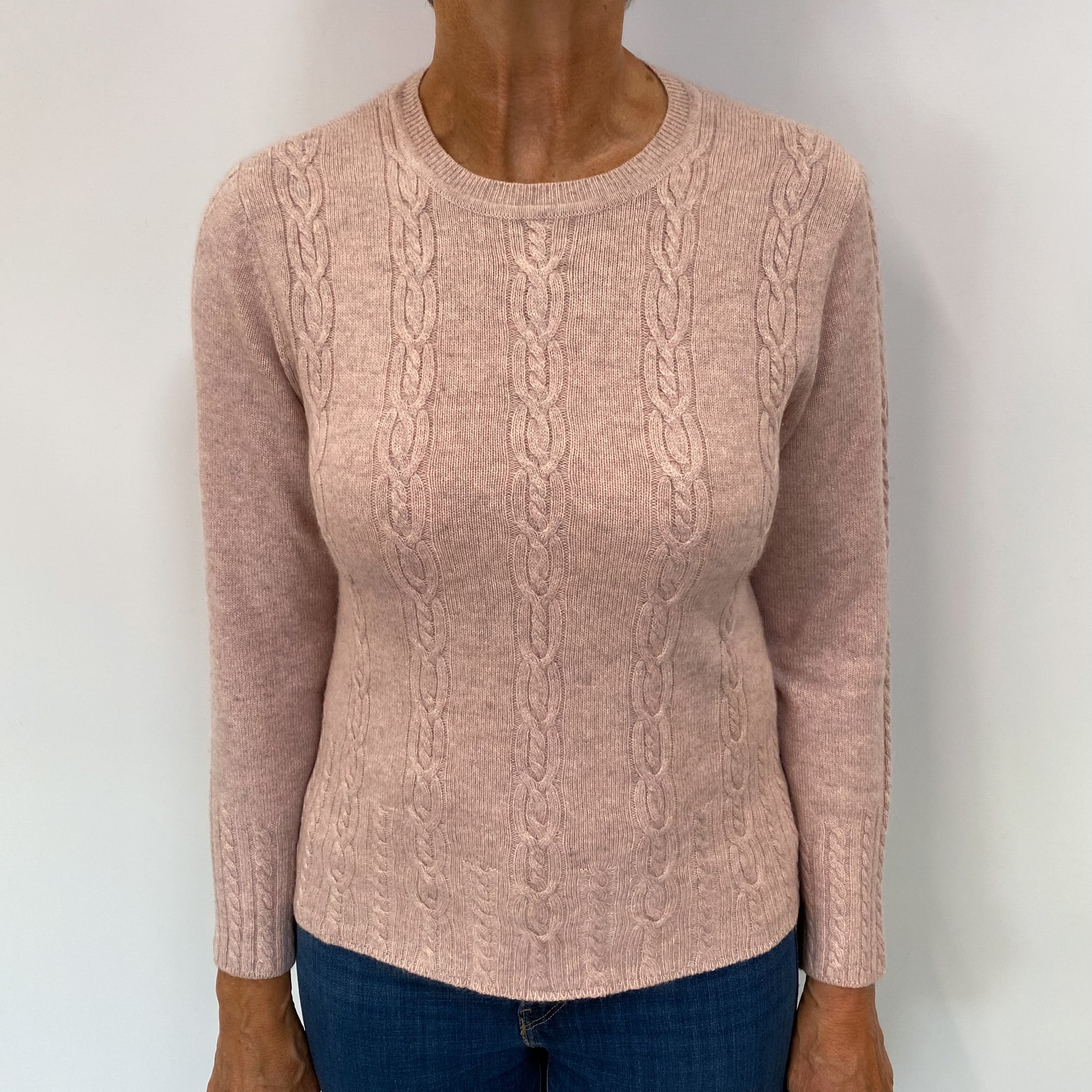 Faded Heather Pink Cashmere Crew Neck Cable Knit Jumper Medium