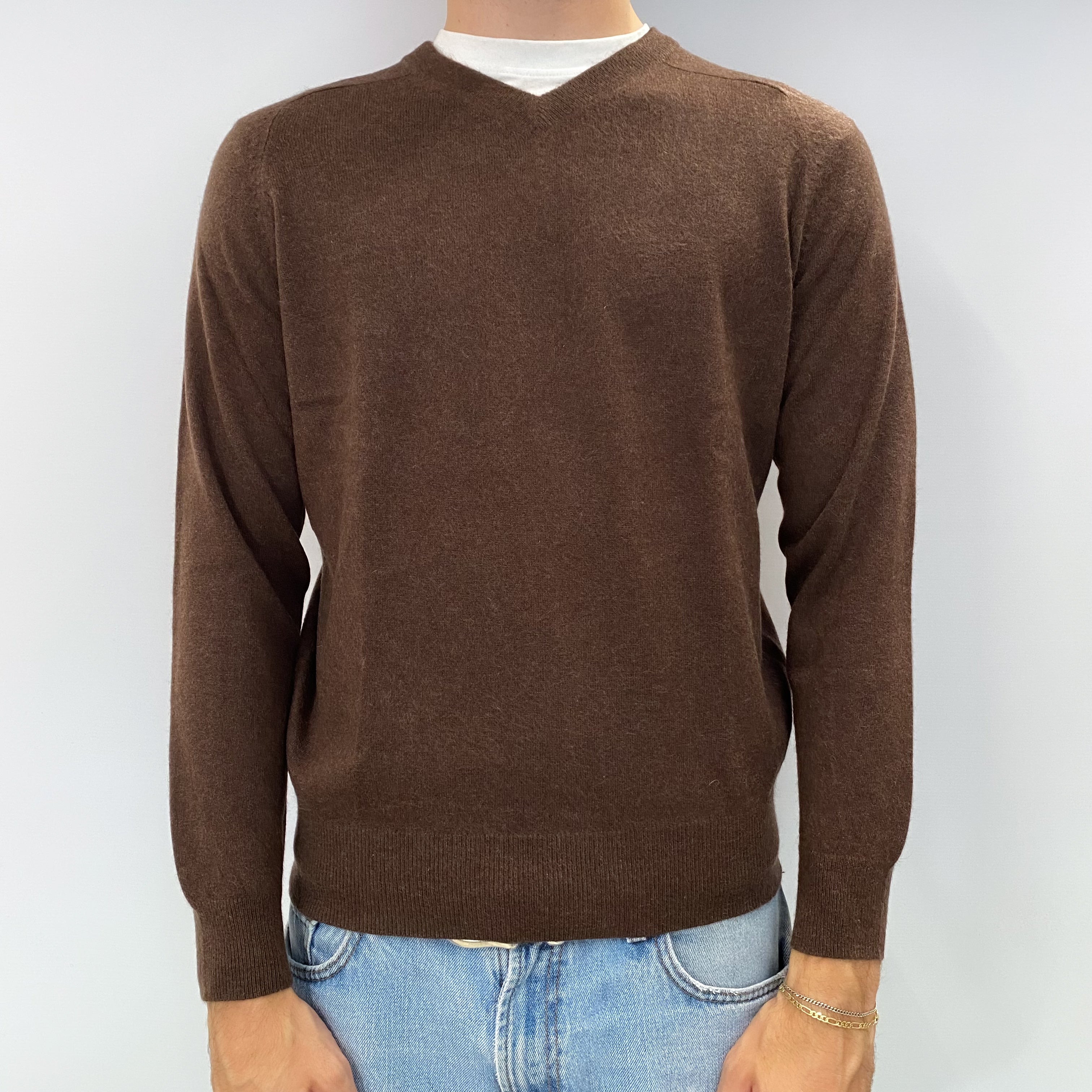 Men's Walnut Brown Cashmere V Neck Jumper Medium