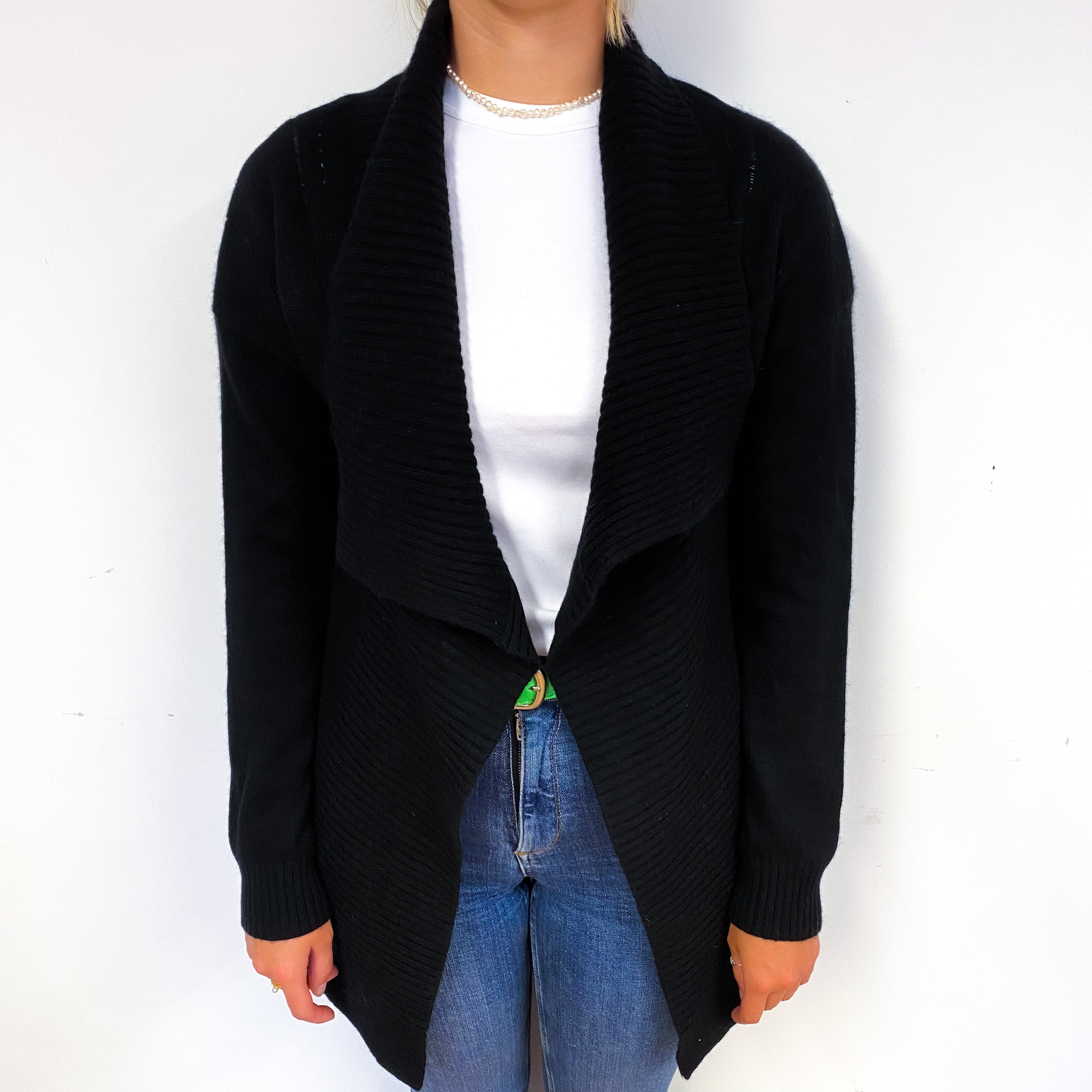 Black Ribbed Cashmere Longline Cardigan Small