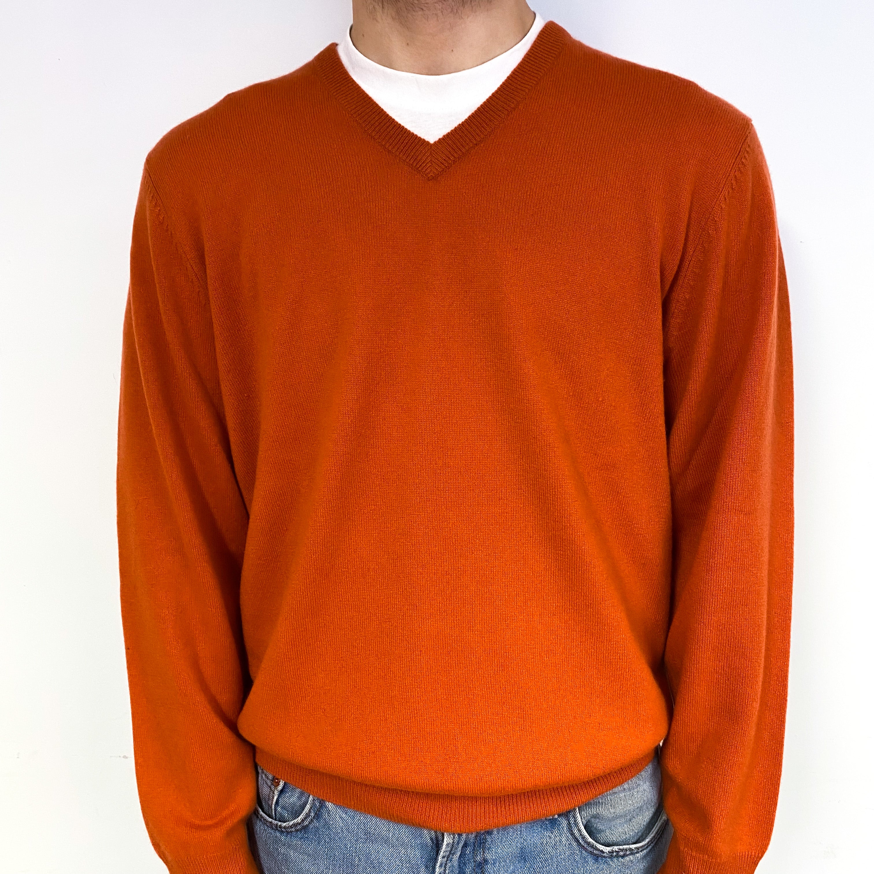 Men's Burnt Orange Cashmere V-Neck Jumper Large