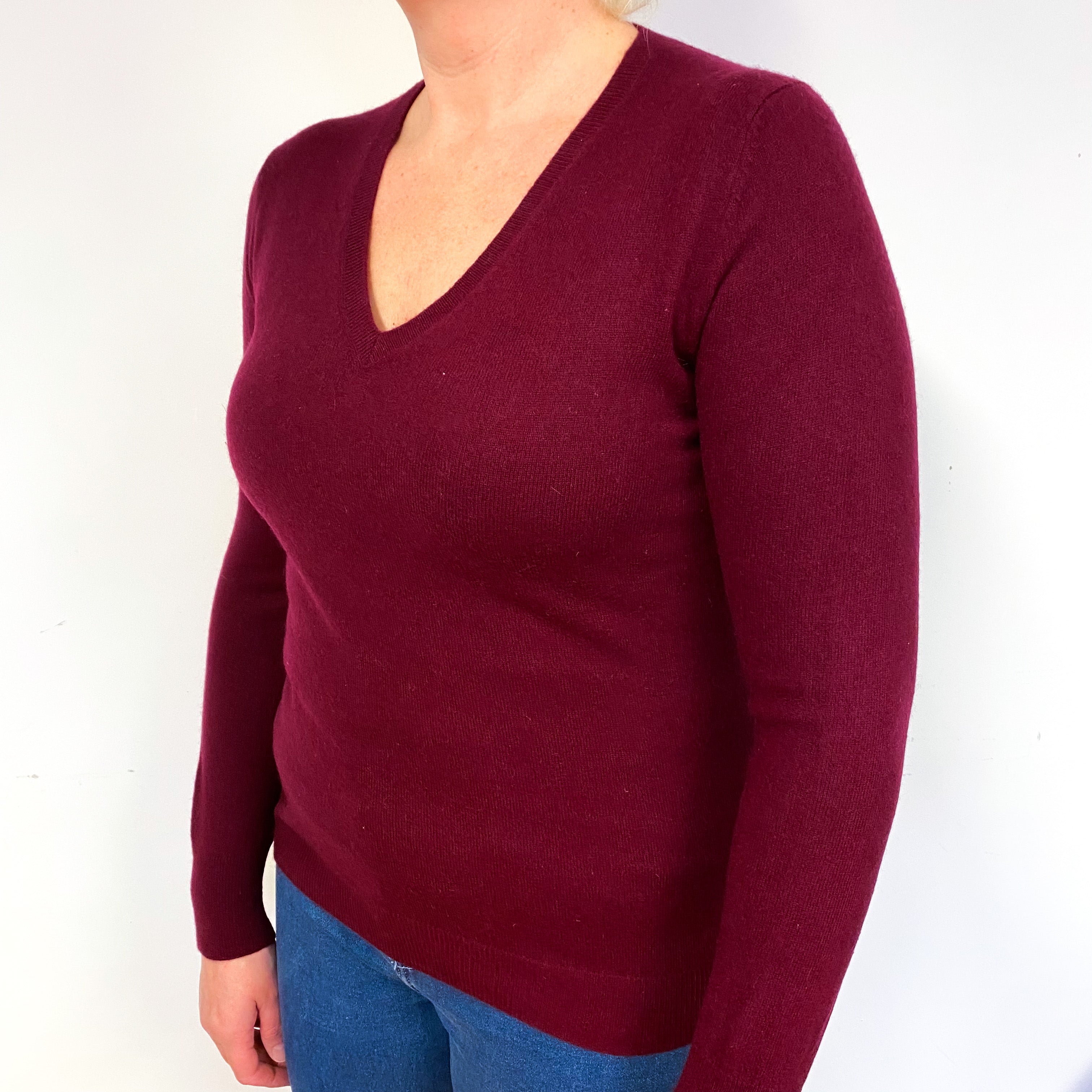 Wine Red Cashmere V-Neck Jumper Large