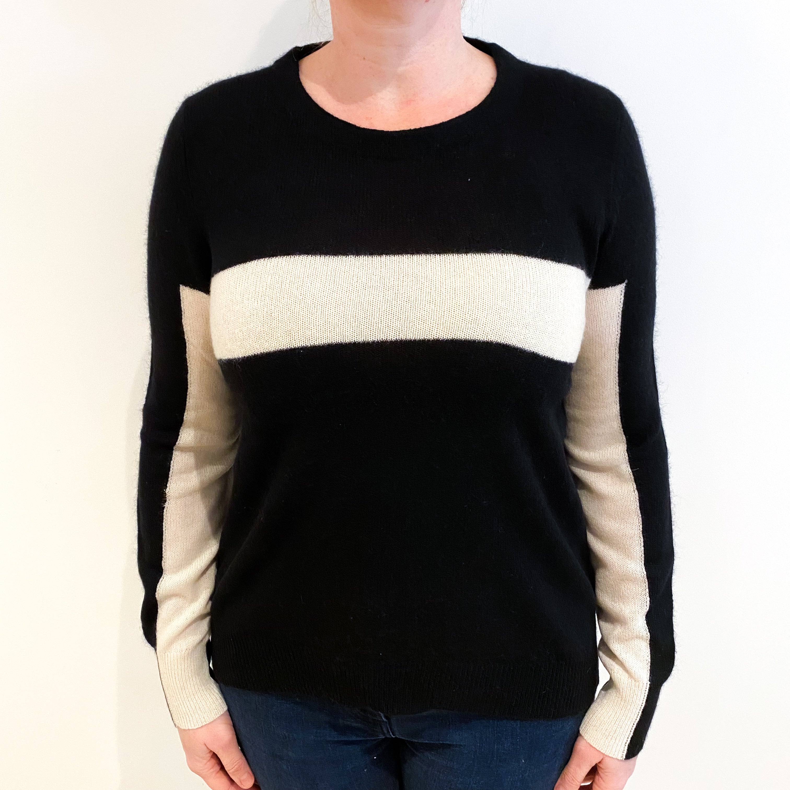 Black And Cream Stripe Cashmere Crew Neck Jumper Large