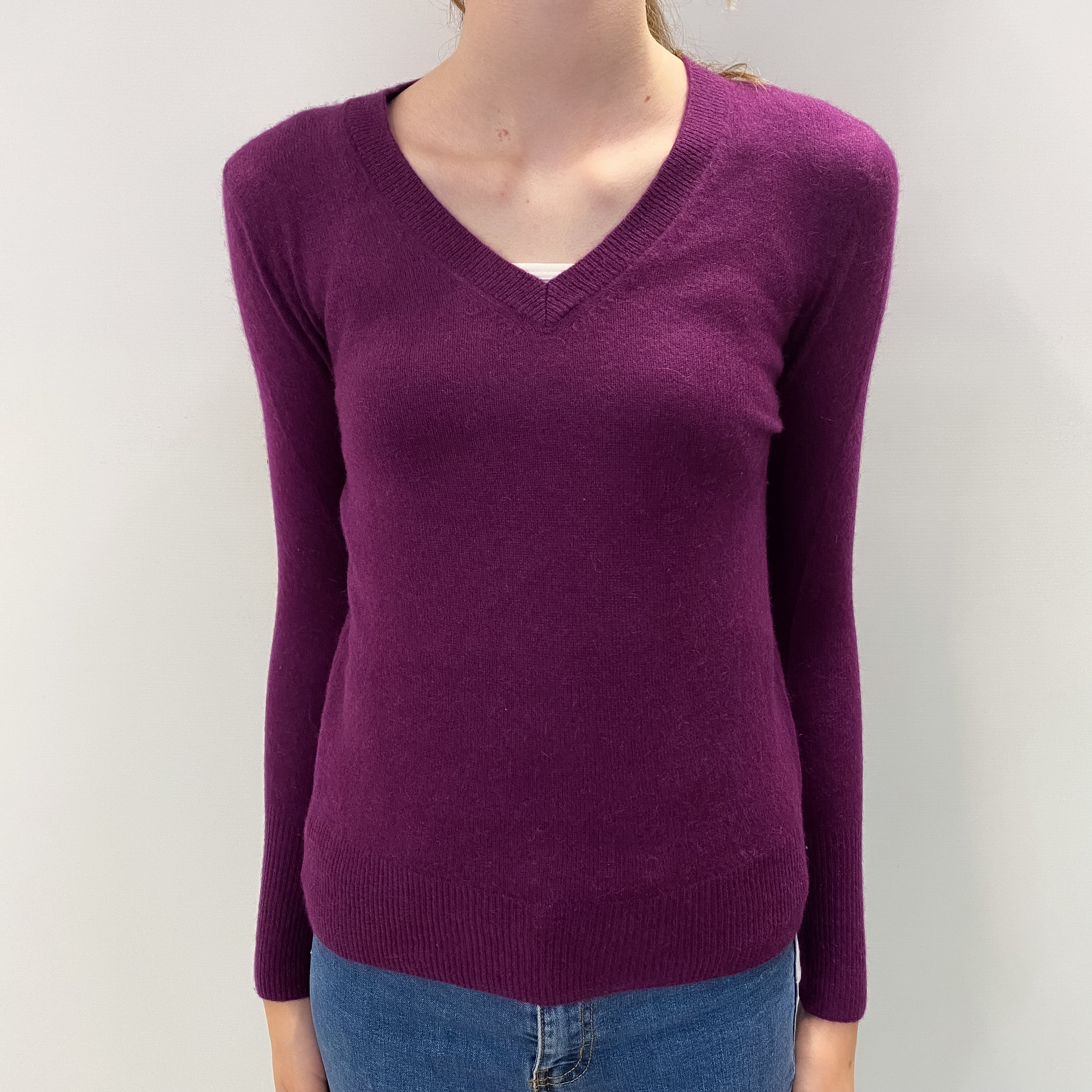 Plum Purple Cashmere V Neck Jumper Extra Small