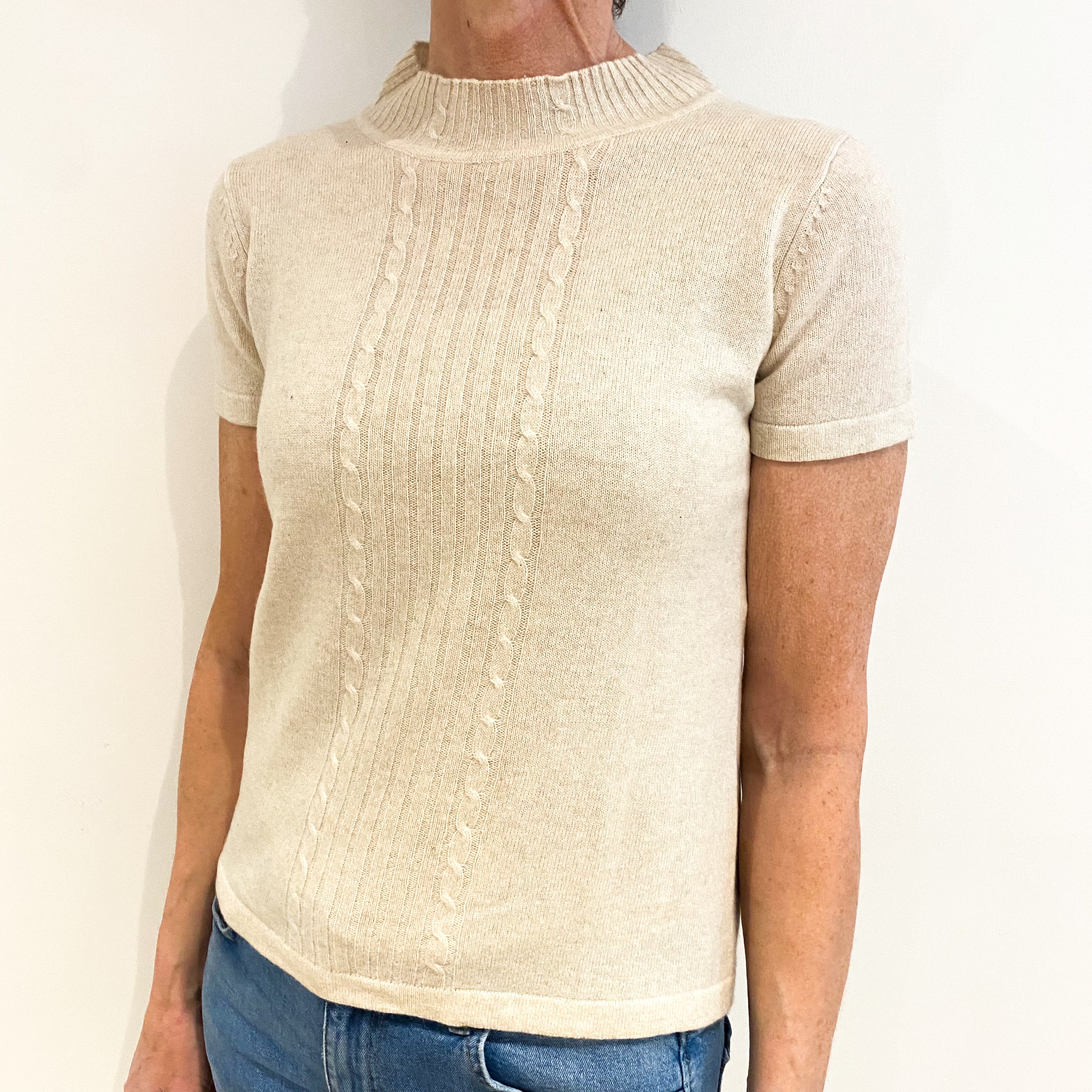 Oatmeal Beige Cashmere Turtle Neck Short Sleeved Jumper Small