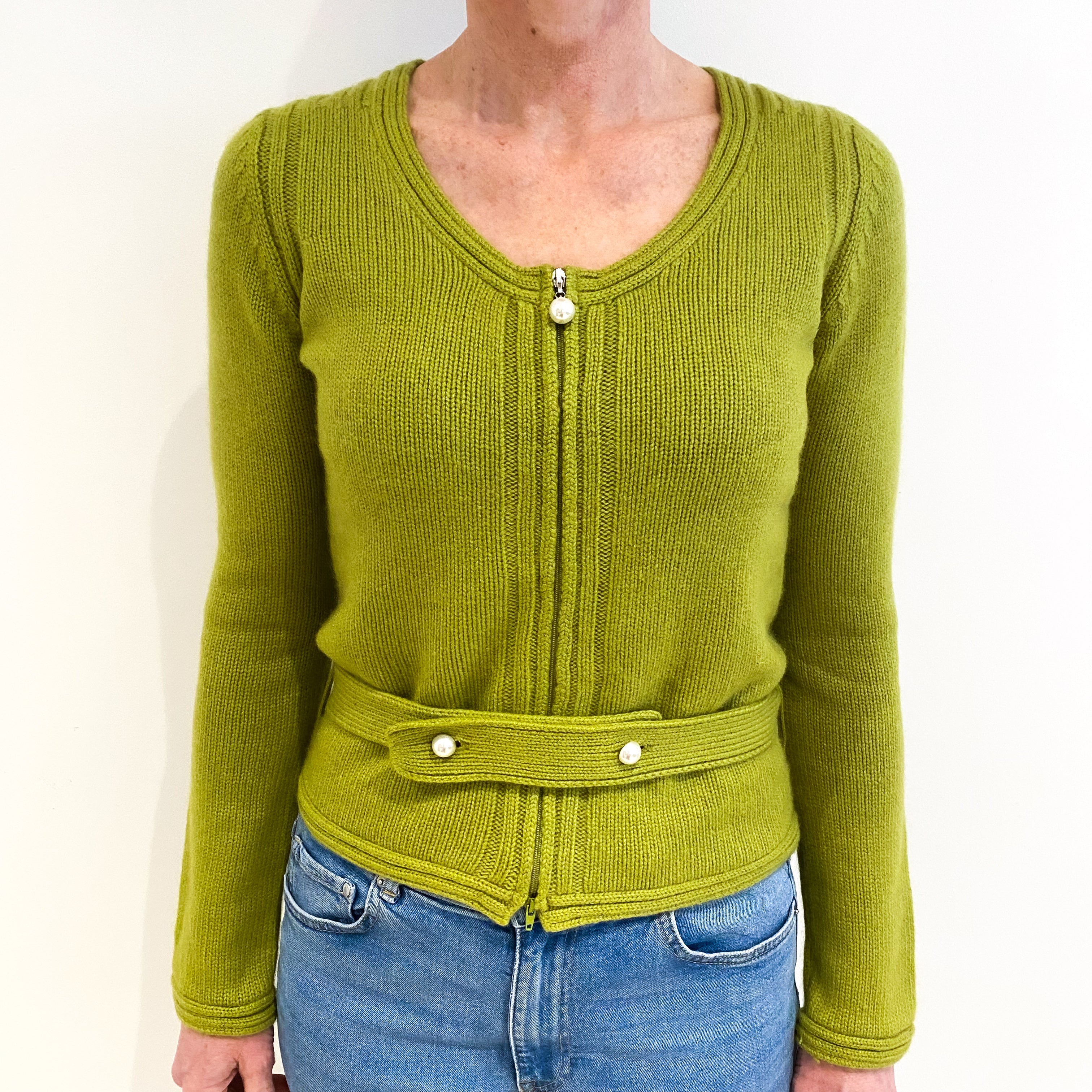 Yellow Green Cashmere Scoop Neck Zip Up Cardigan Small