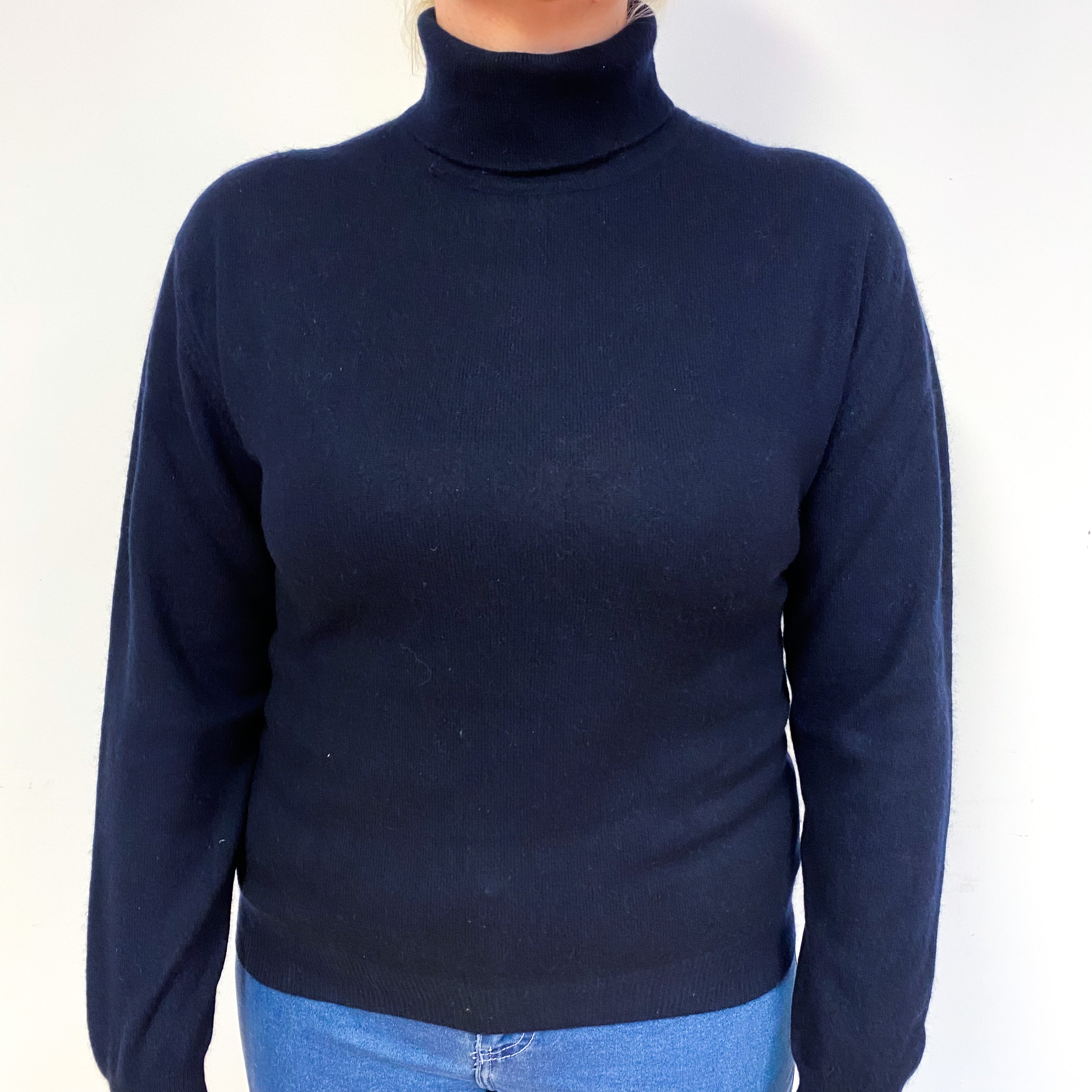 Dark Navy Blue Cashmere Polo Neck Jumper Large