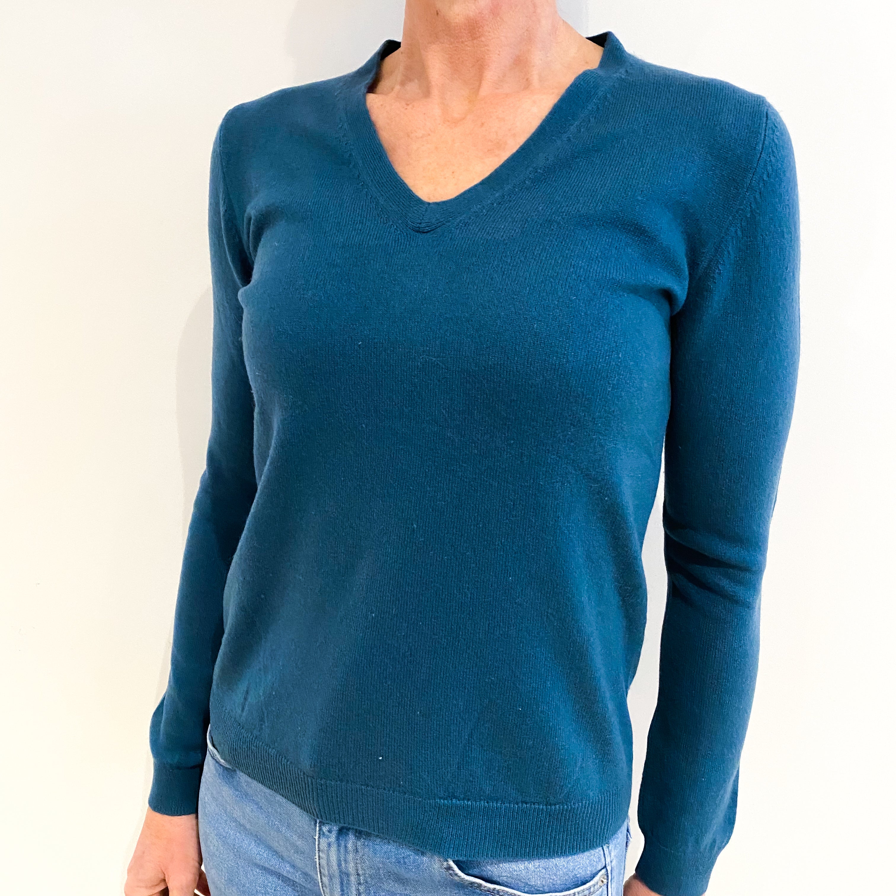 Petrol Blue Cashmere V Neck Jumper Small