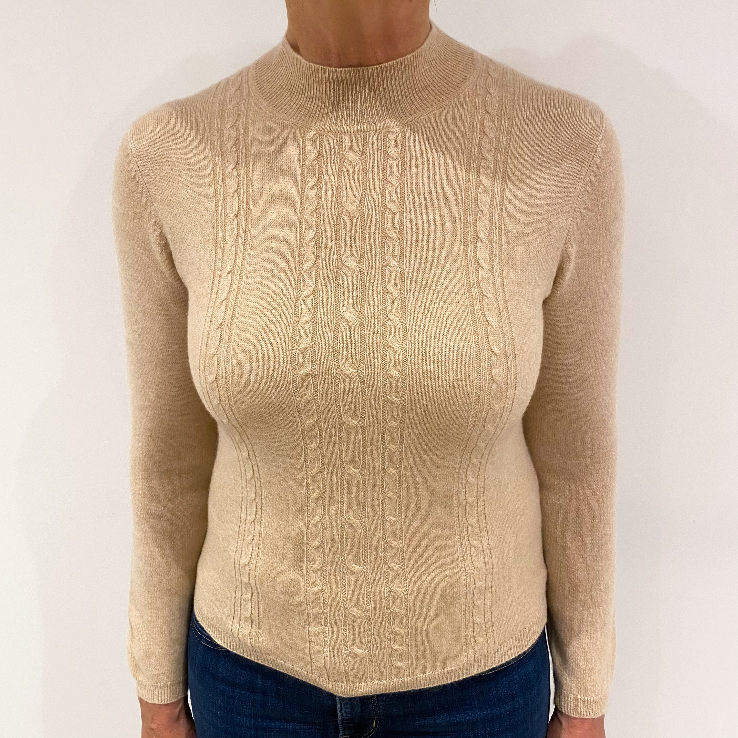 Beige Brown Cashmere Cable Knit Turtle Neck Jumper Medium