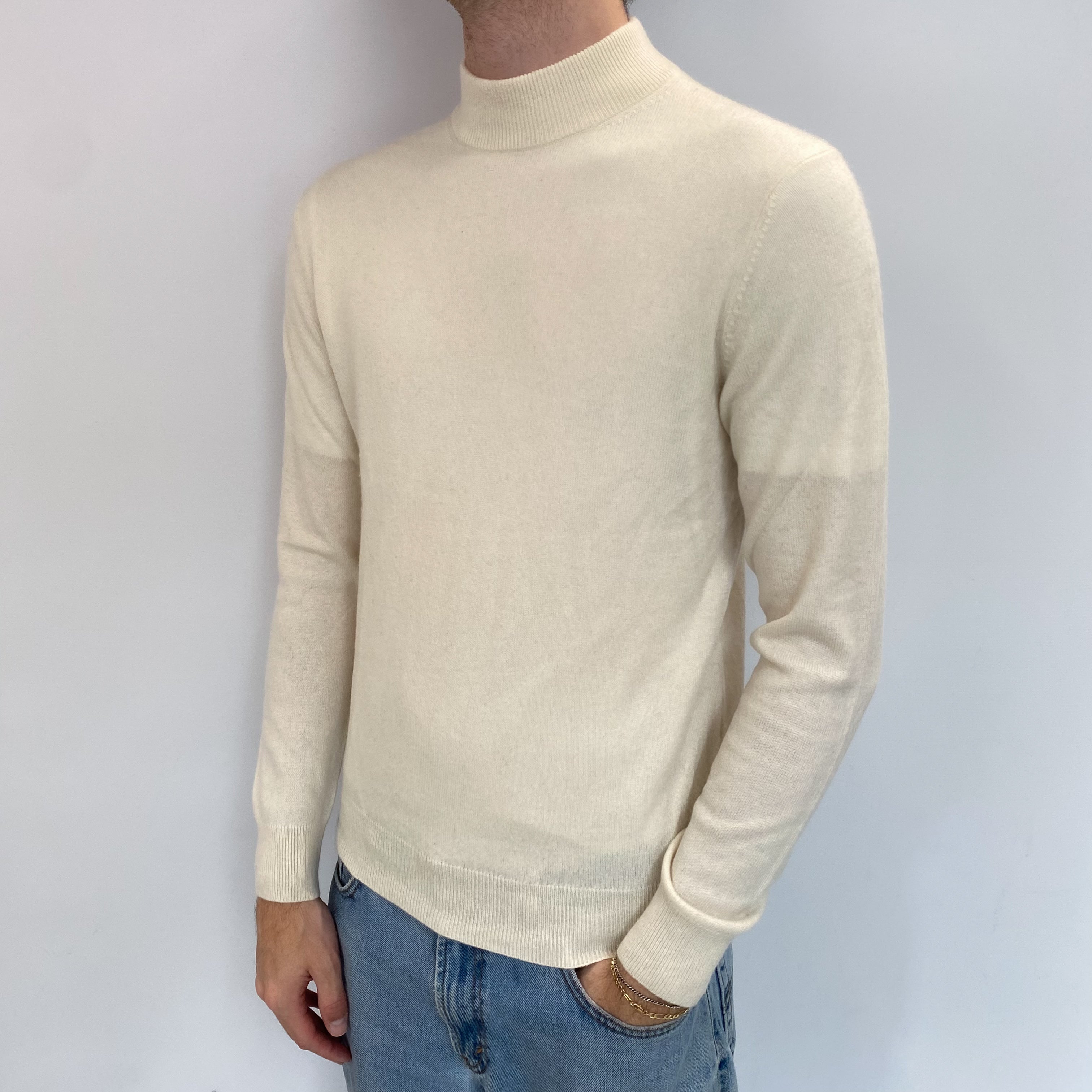 Men's Vanilla Cream Cashmere Turtle Neck Jumper Medium