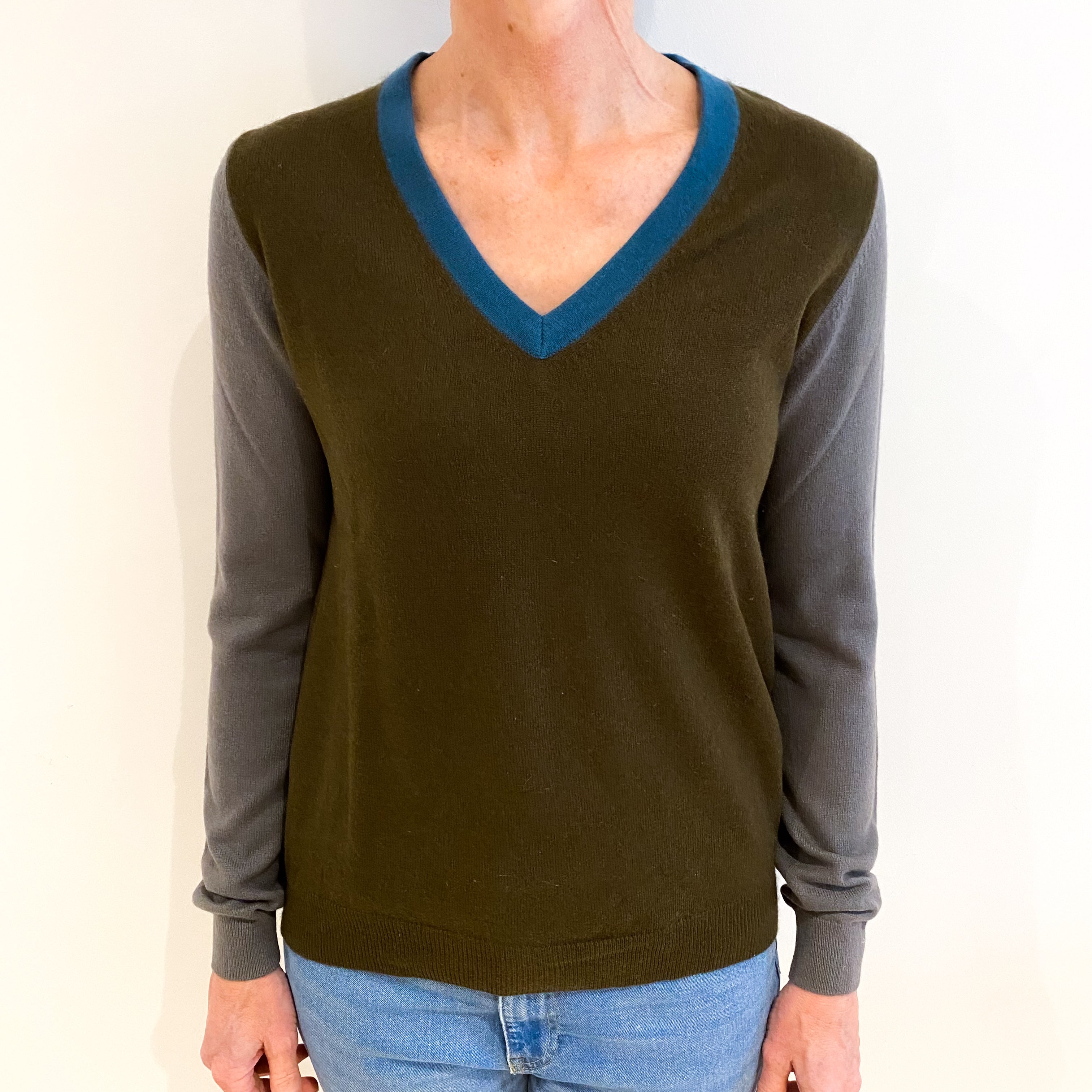 Khaki Colour Block Cashmere V Neck Jumper Small