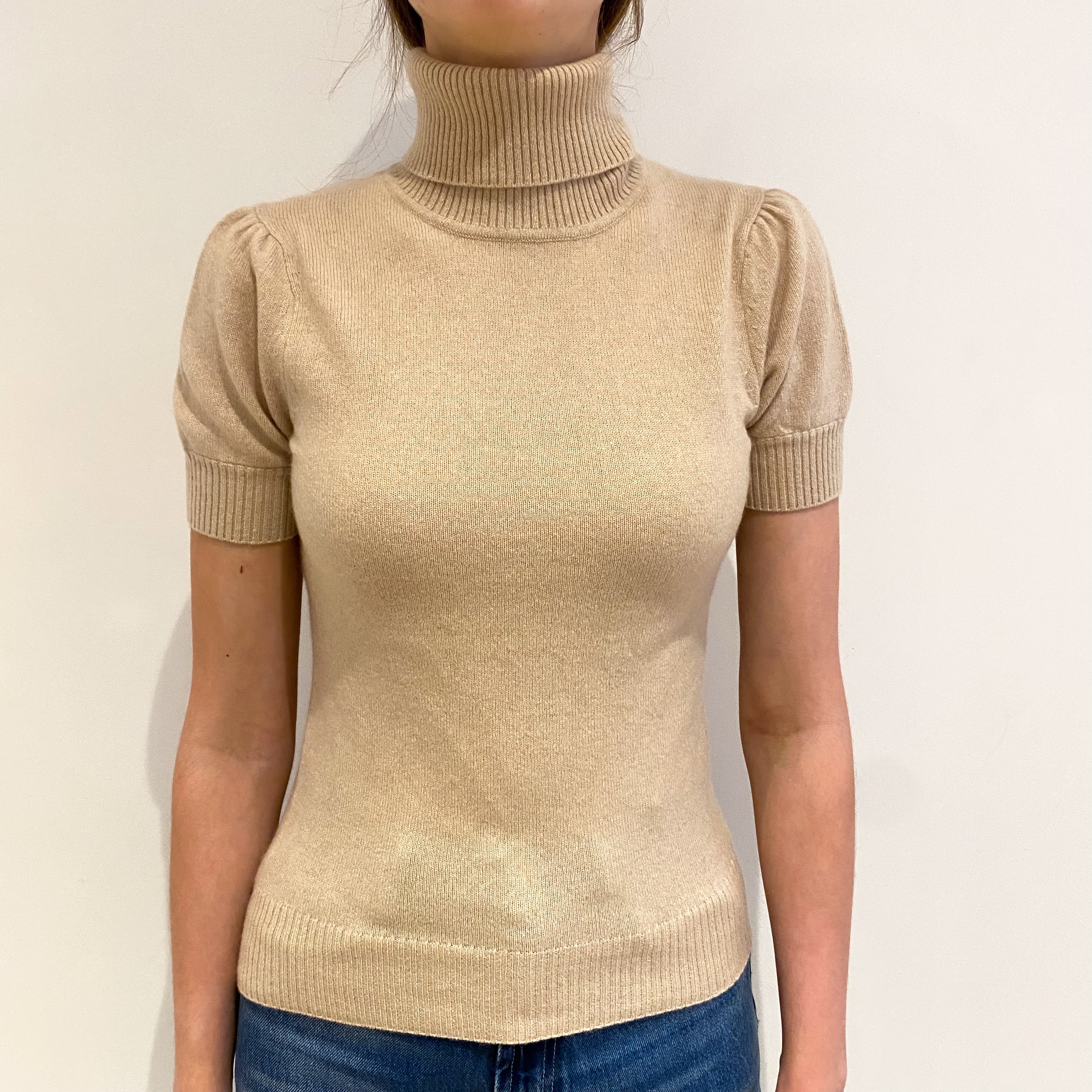 Biscuit Beige Cashmere Short Sleeved Polo Neck Jumper Extra Small