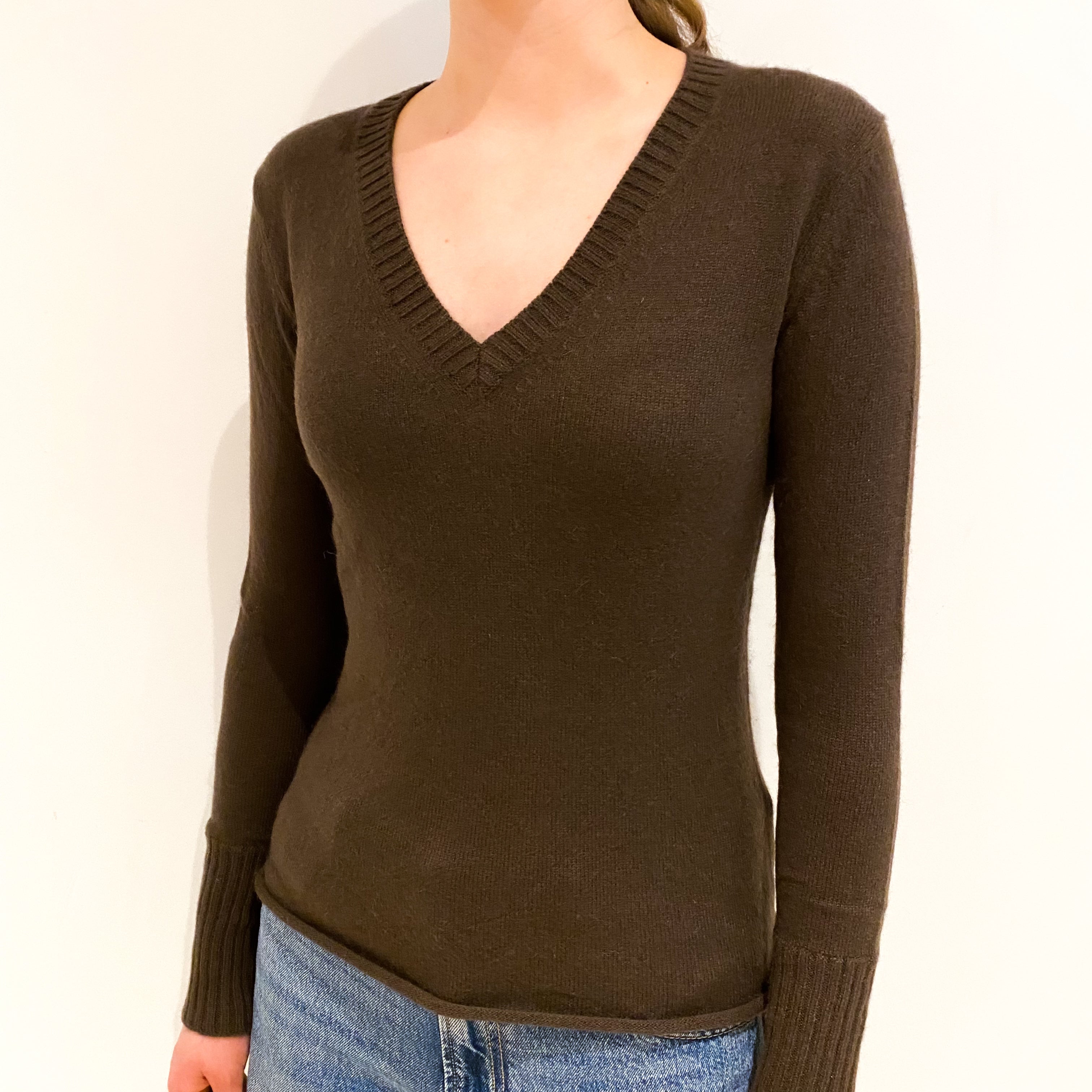 Chocolate Brown Cashmere V Neck Jumper Extra Small