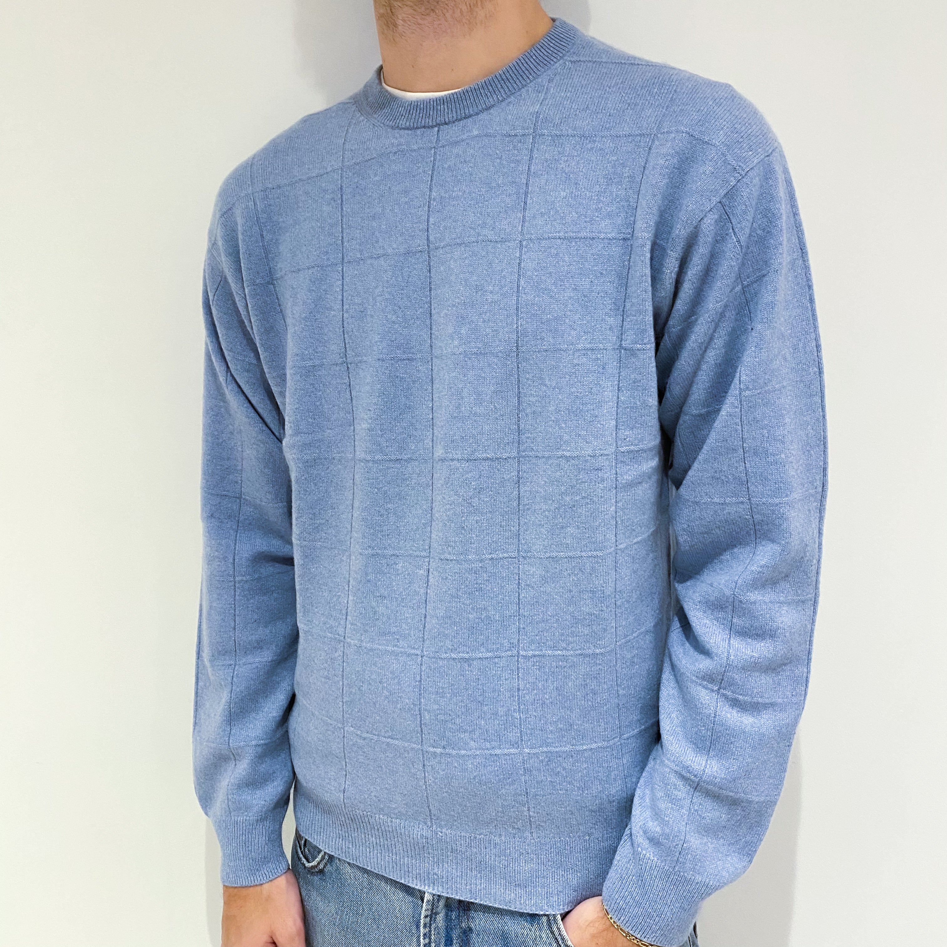 Men's Pale Blue Patterned Knit Cashmere Crew Neck Jumper Large