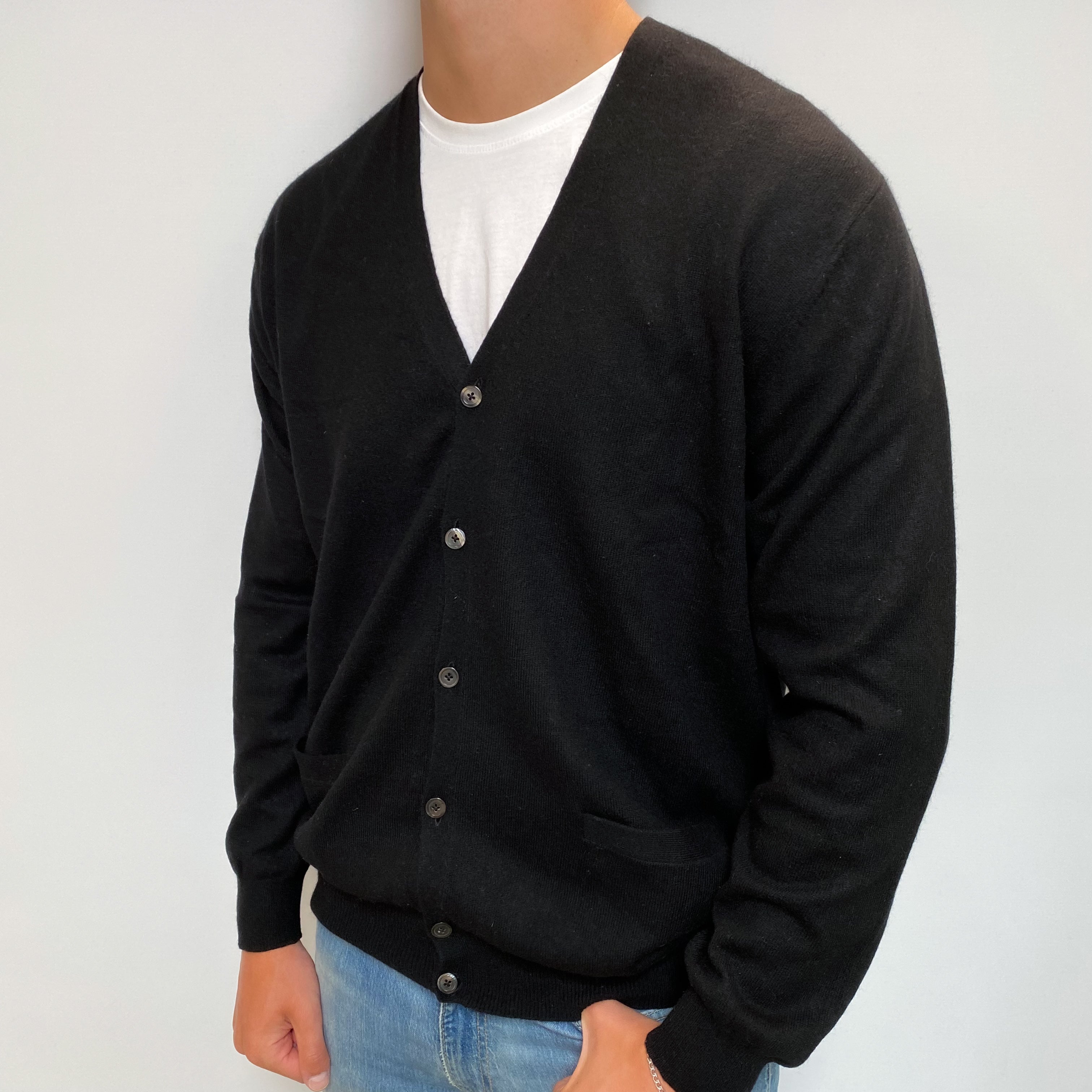 Men's Black Cashmere V Neck Cardigan with Pockets XL