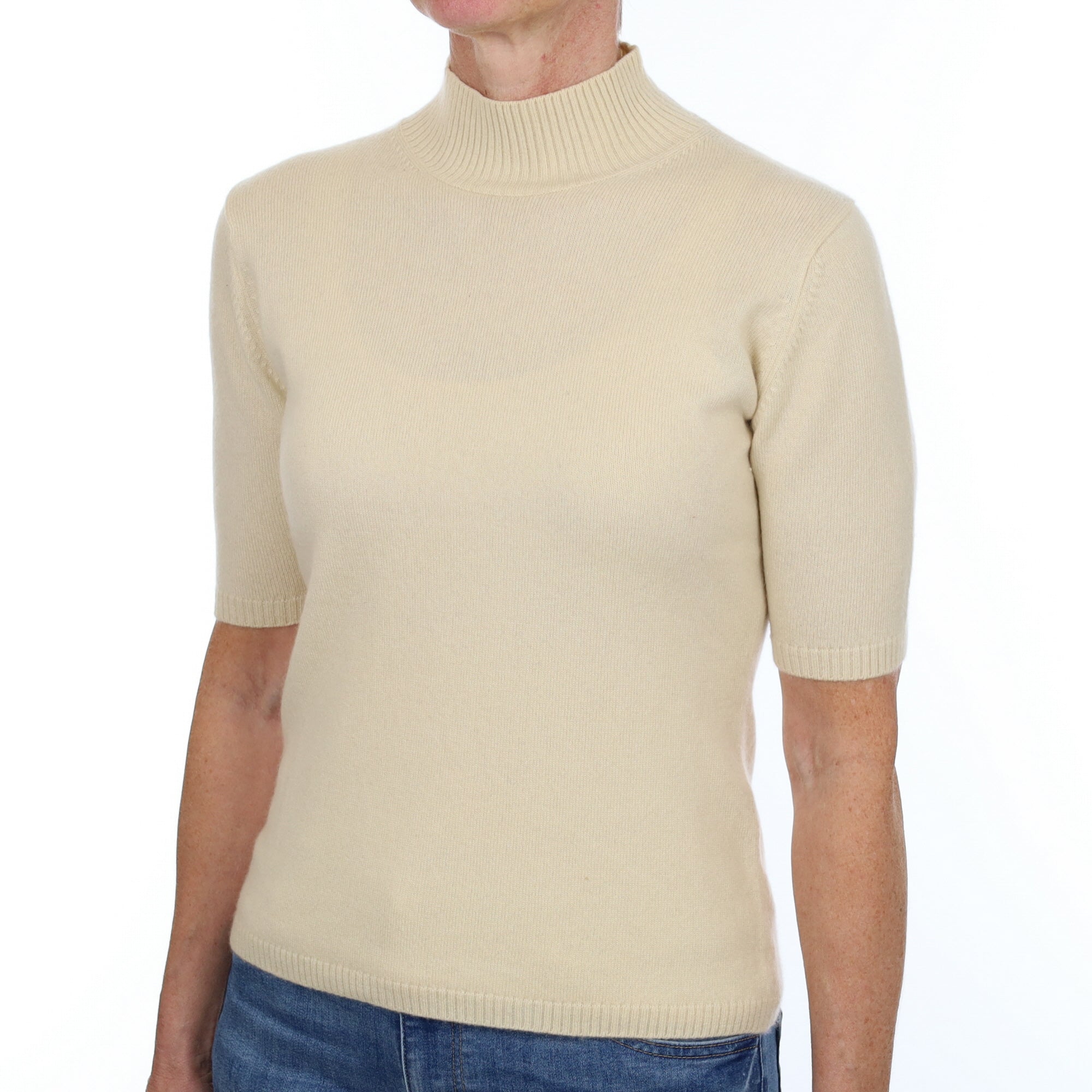 Vanilla Cream Cashmere Turtle Neck Short Sleeved Jumper Small