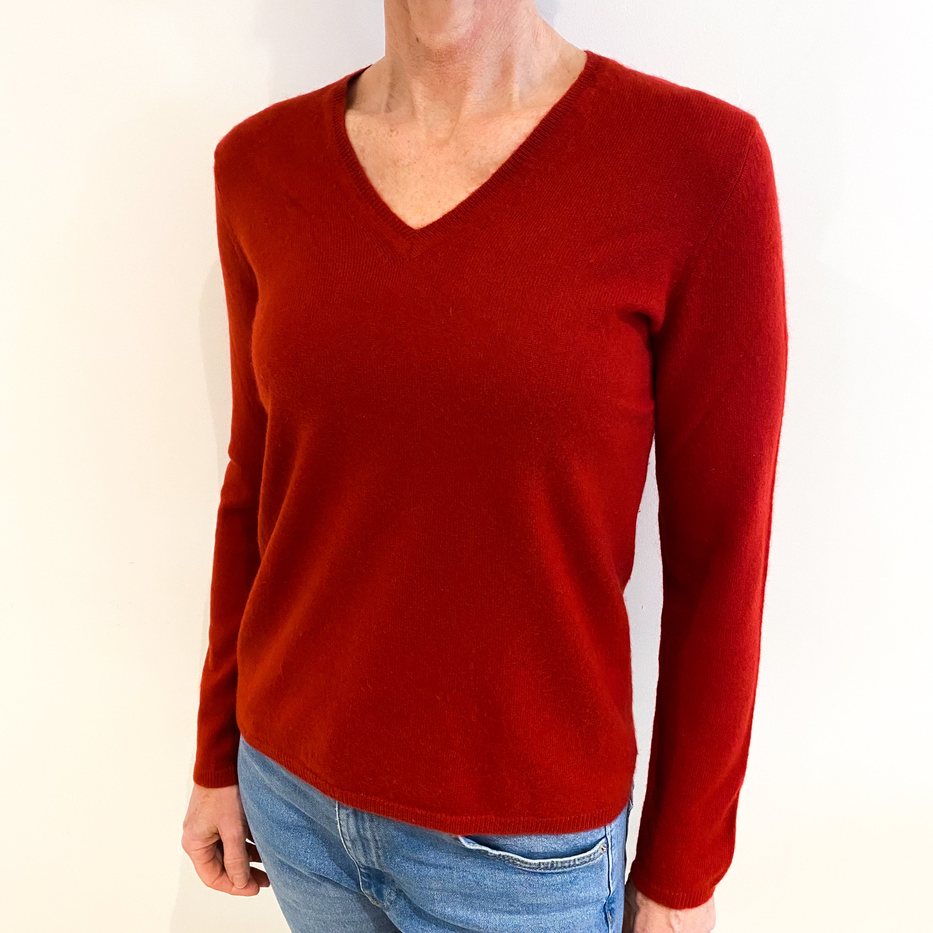 Post Box Red Cashmere V Neck Jumper Small