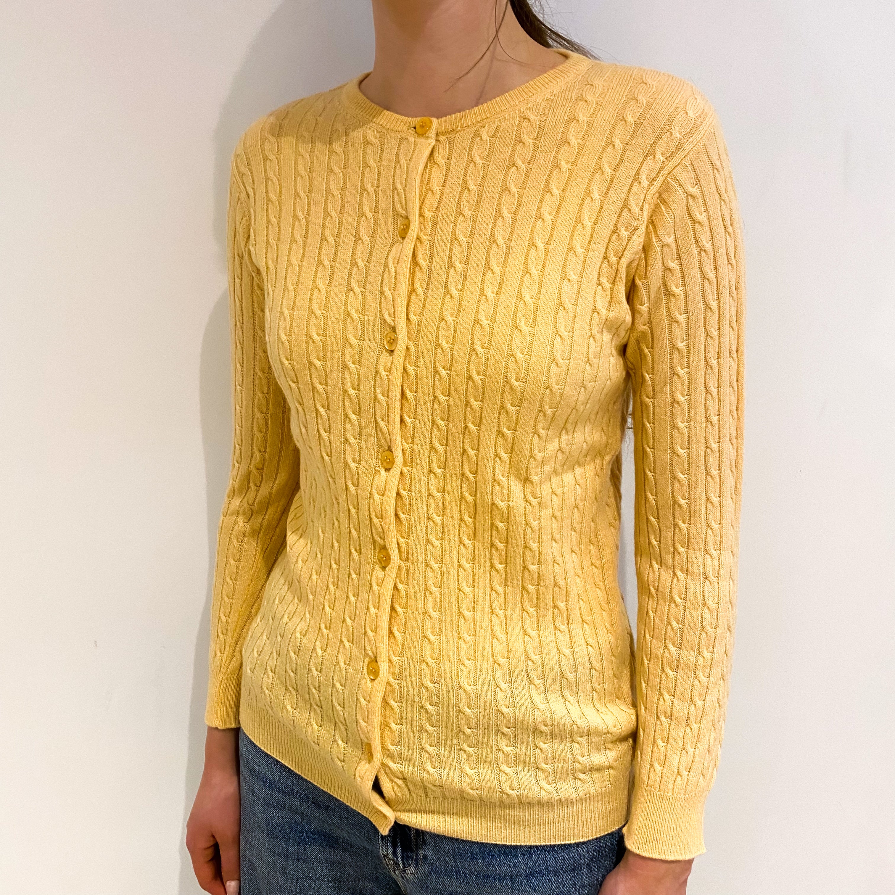 Custard Yellow Cashmere Crew Neck Cardigan Extra Small