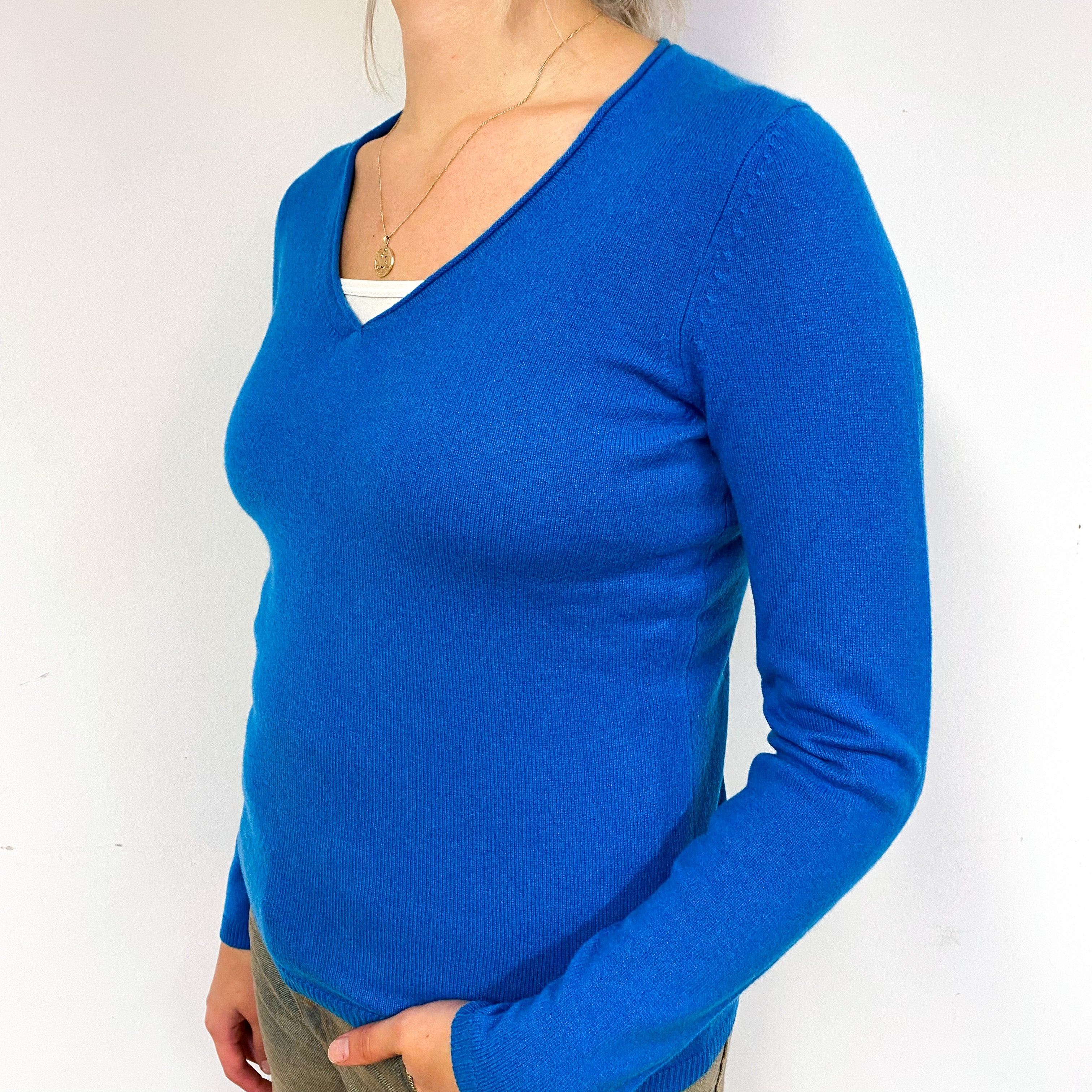 New Peacock Blue Cashmere V-Neck Jumper Small