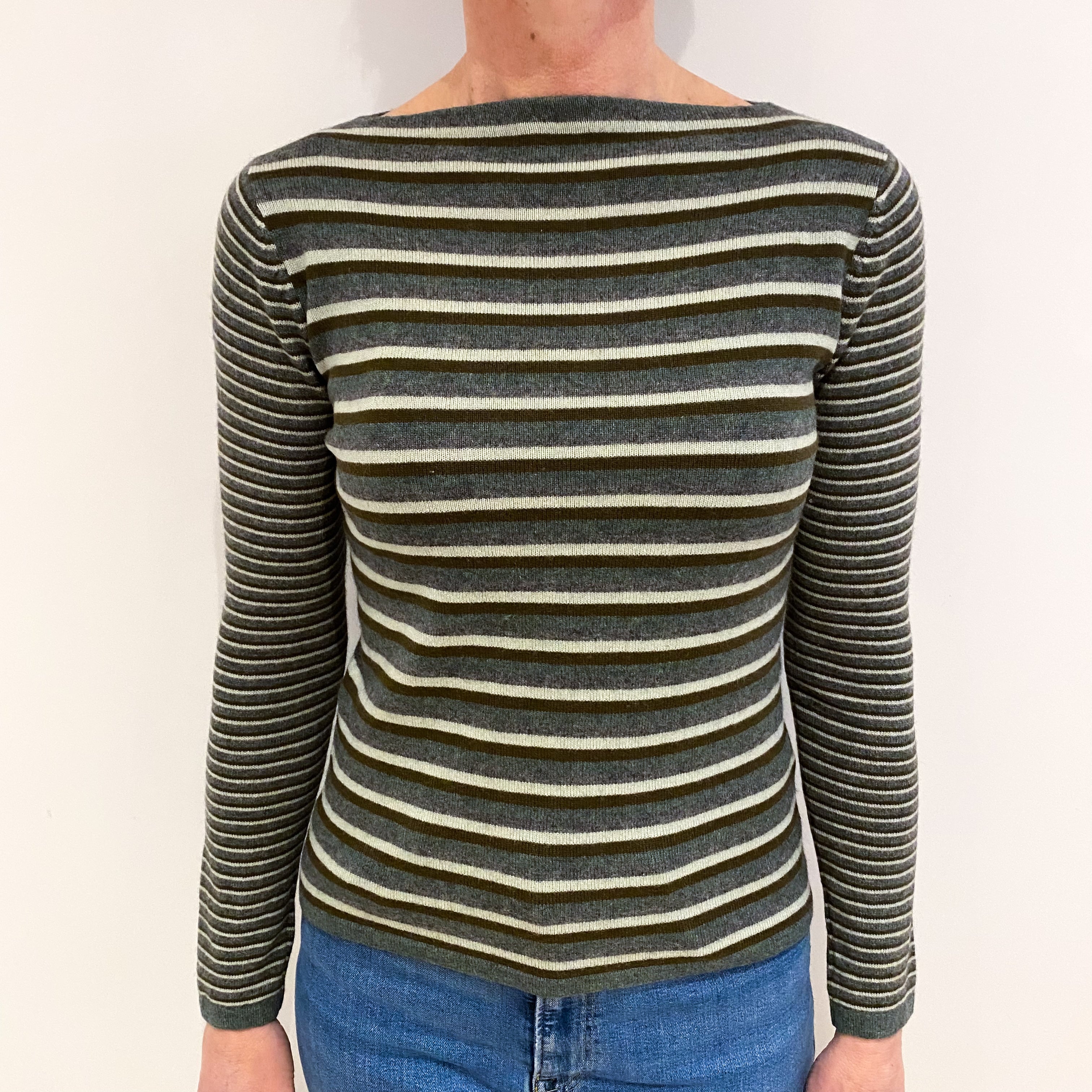 Khaki Green Striped Cashmere Slash Neck Jumper Small