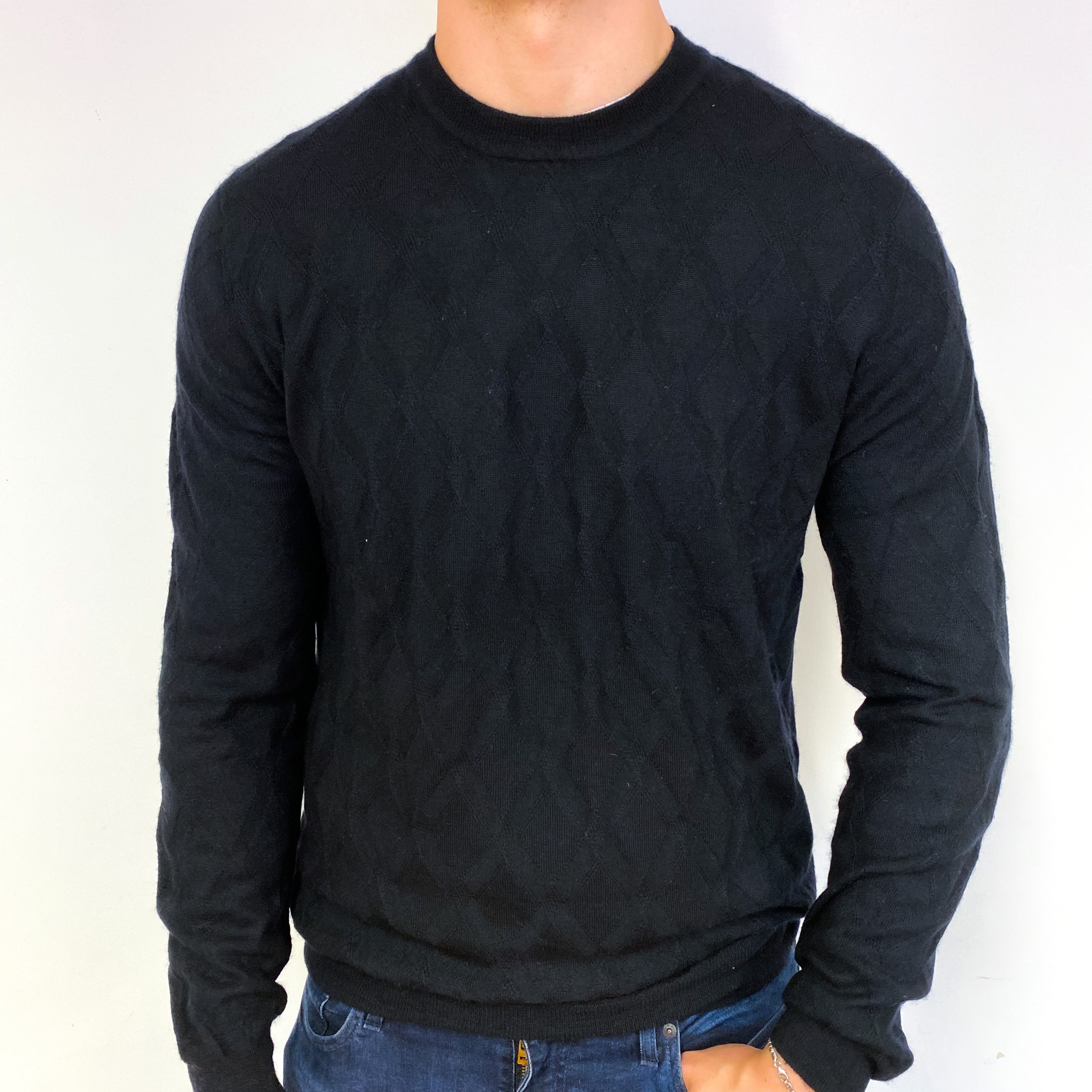 Men's Black Diamond Knit Cashmere Crew Neck Jumper Extra Large