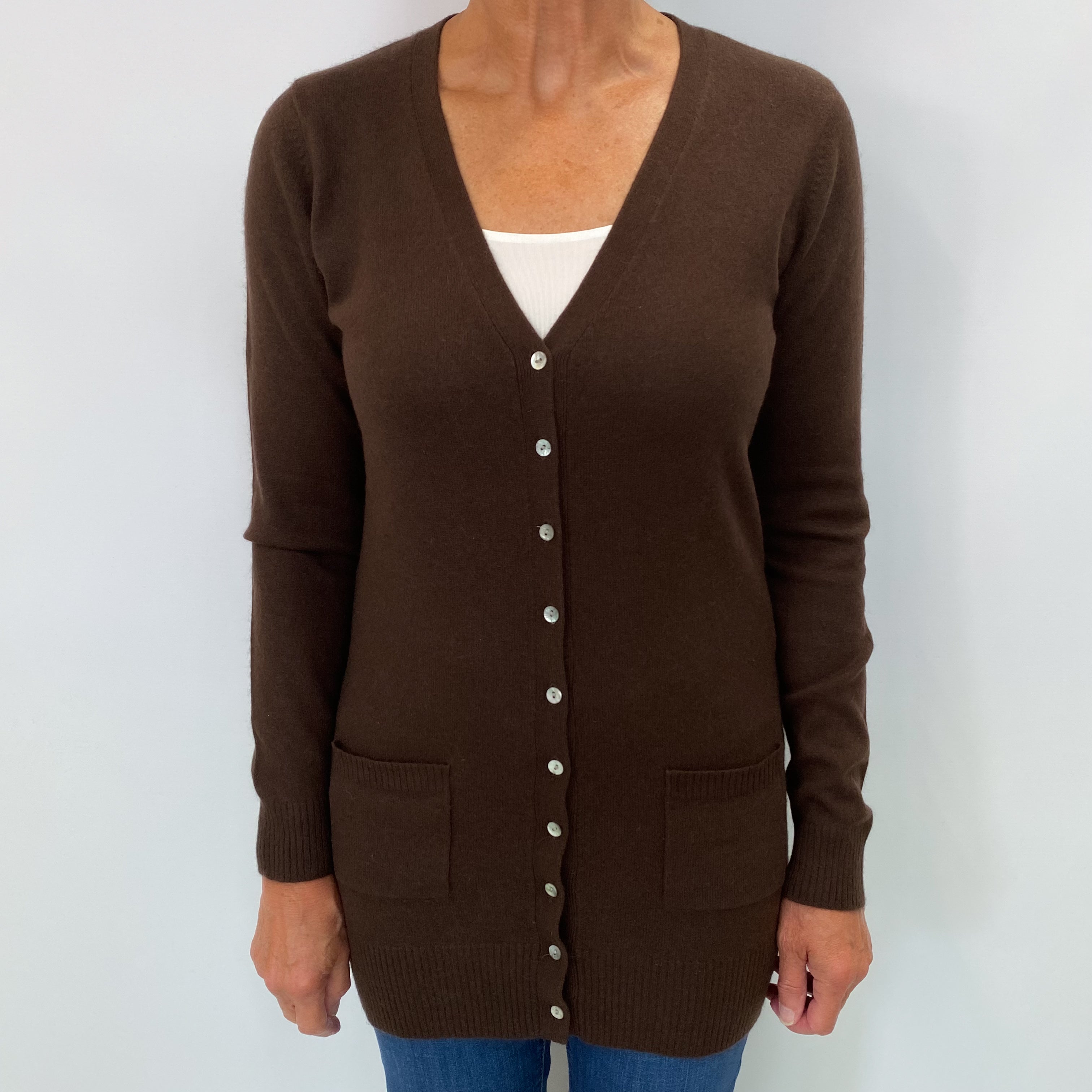 Chocolate Brown Cashmere V Neck Cardigan Medium