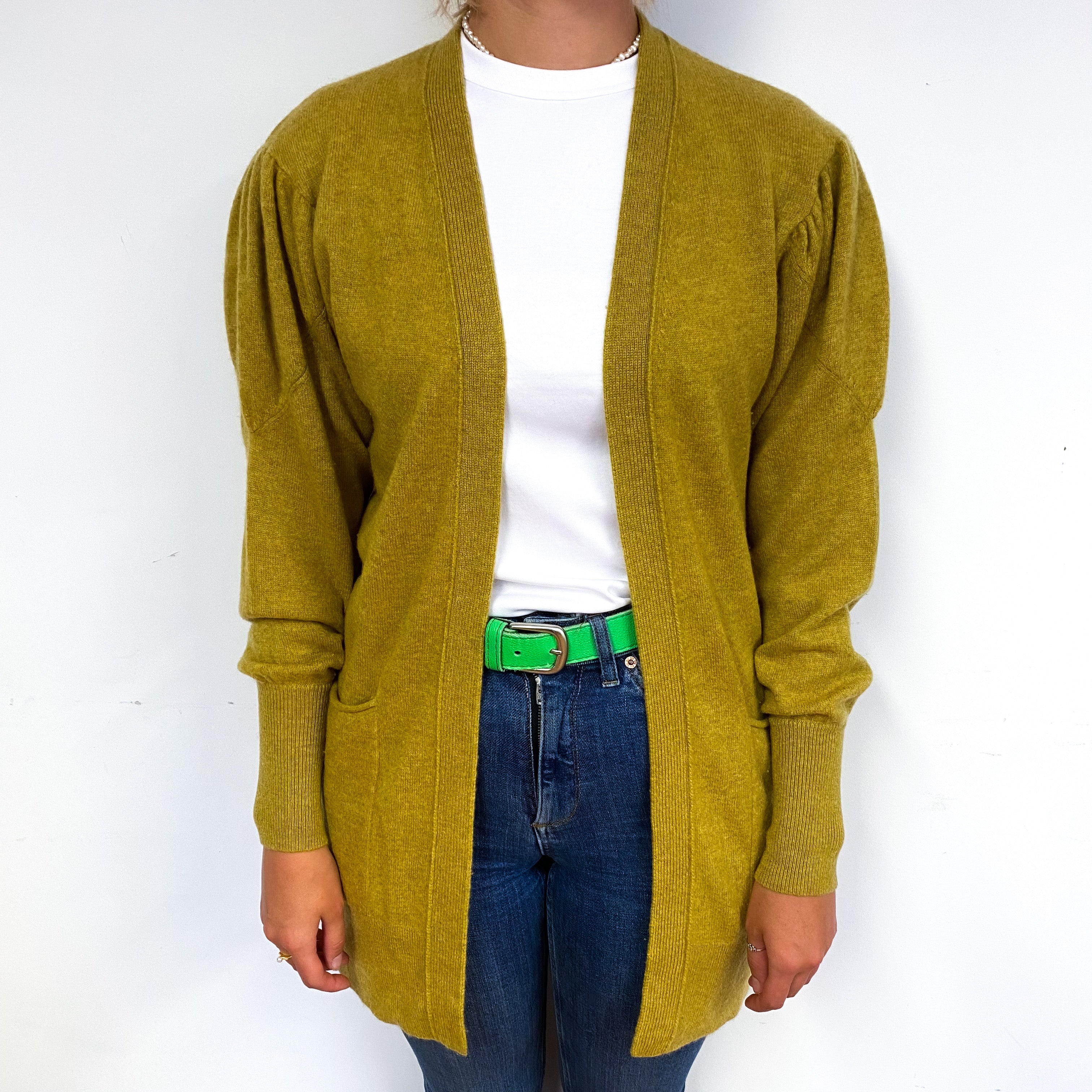 Dijon Mustard Green Cashmere Edge to Edge Cardigan Small