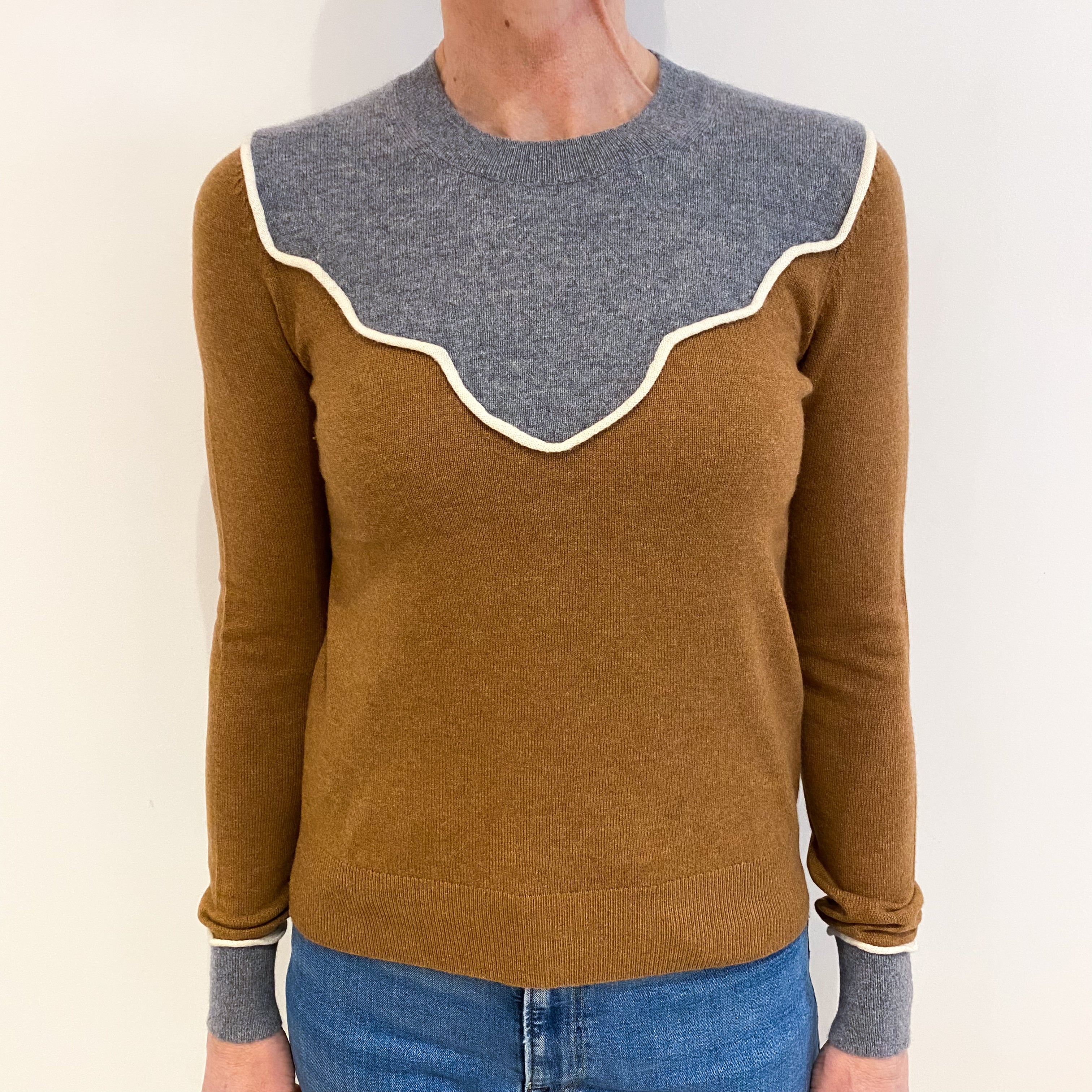 Nutmeg Brown Grey Trimmed Cashmere Crew Neck Jumper Small