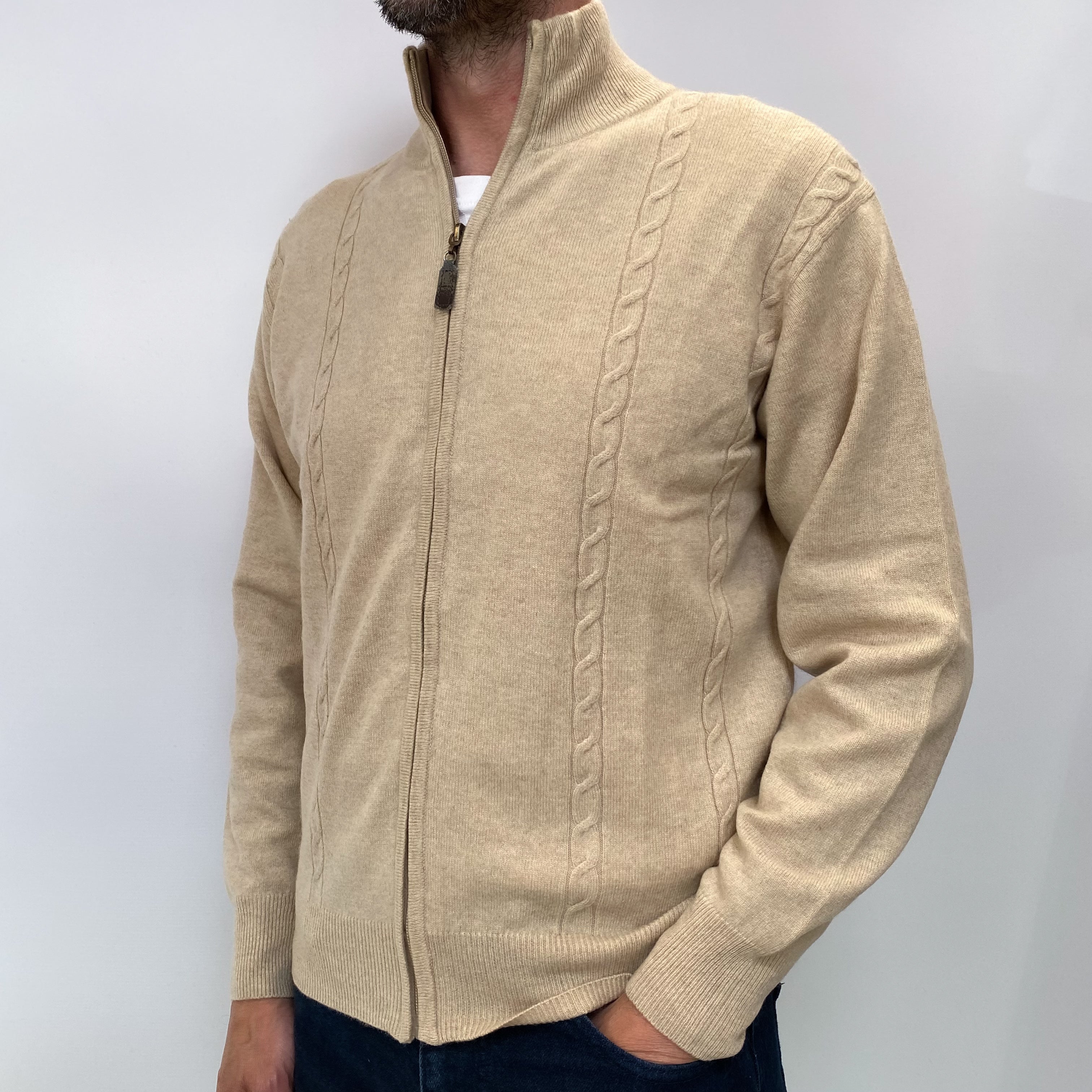 Sand Beige Men's Cashmere Zip Up Jumper Small