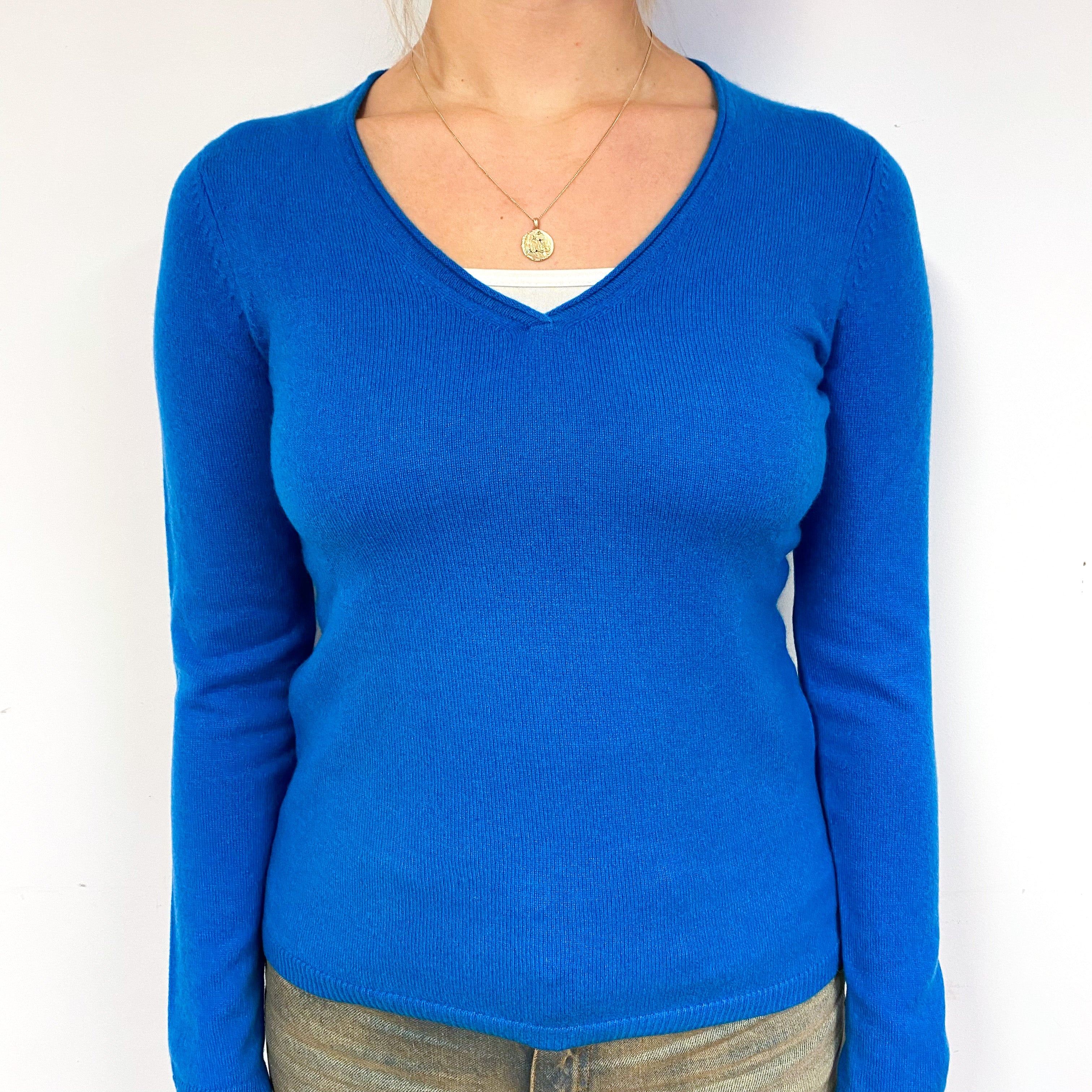 New Peacock Blue Cashmere V-Neck Jumper Small