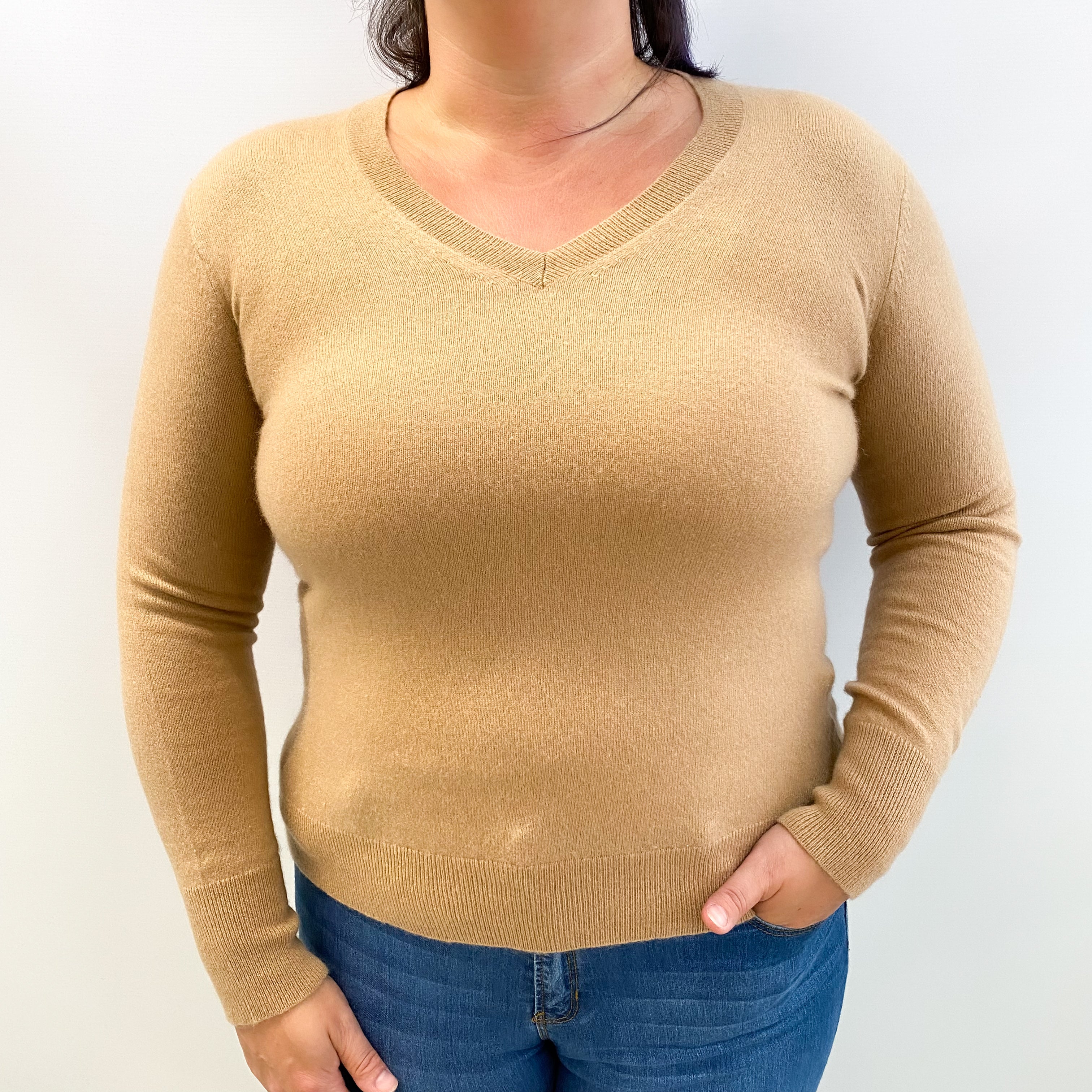 Caramel Brown Cashmere V Neck Jumper Large