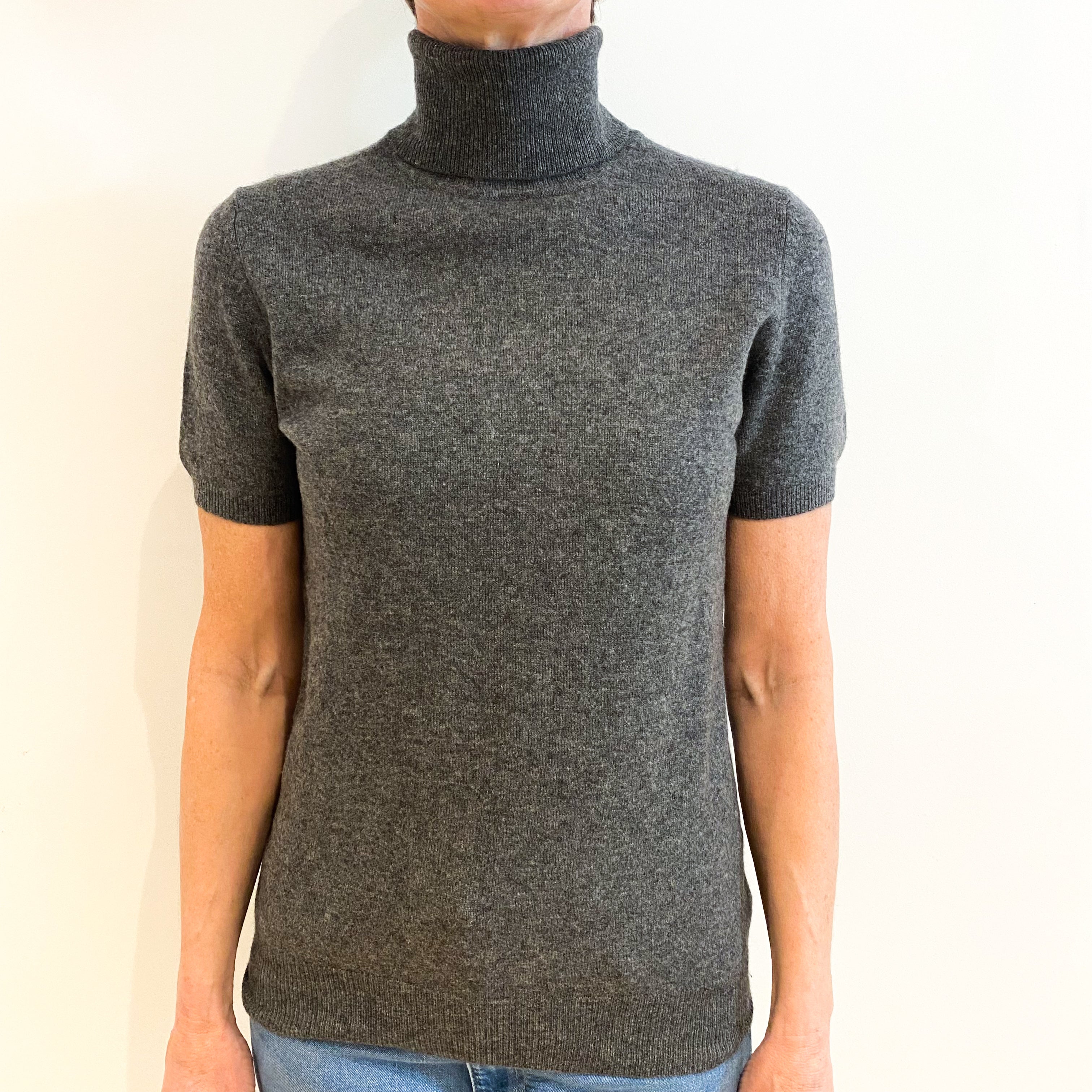 Slate Grey Cashmere Polo Neck Short Sleeved Jumper Small