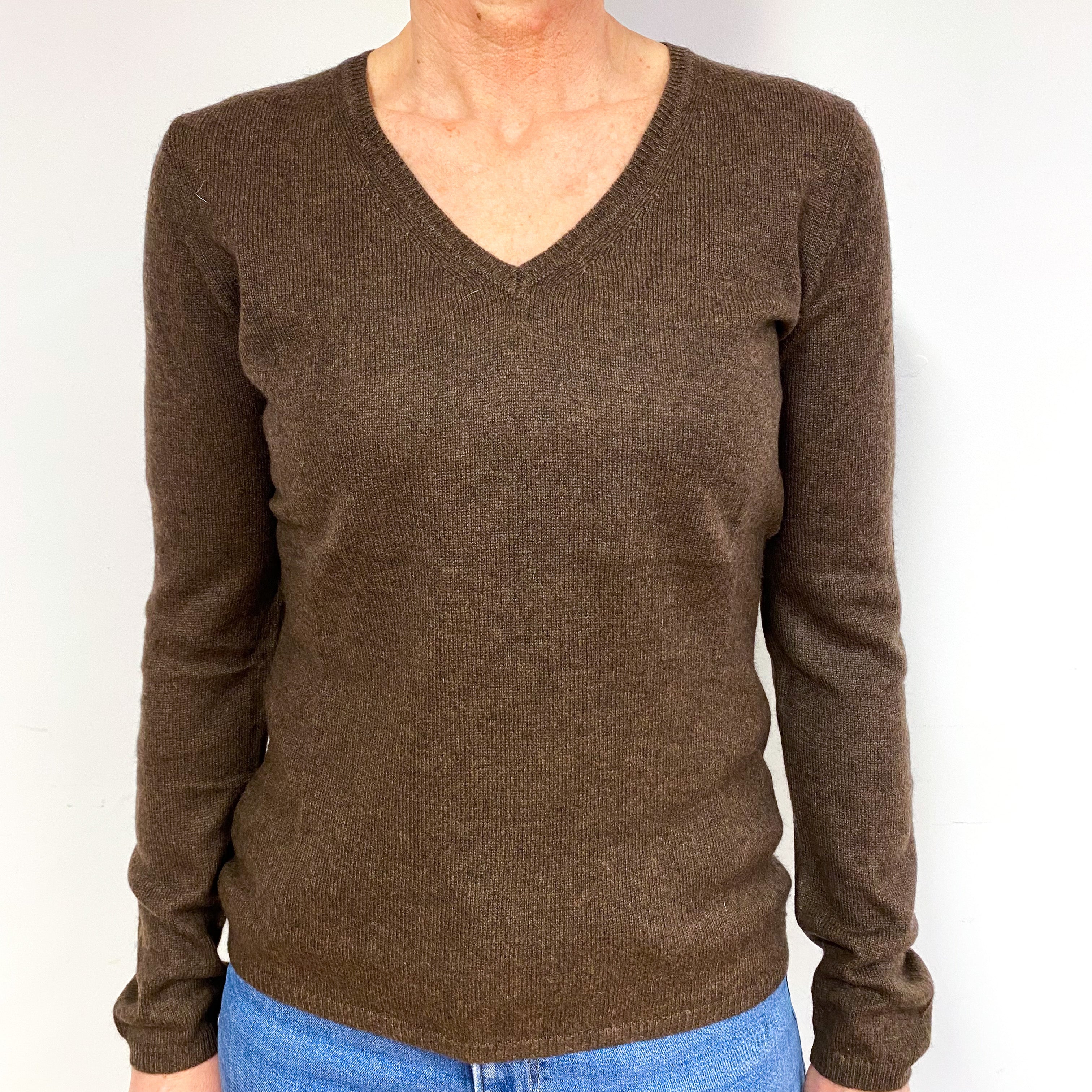 Chocolate Brown Cashmere V-Neck Jumper Medium