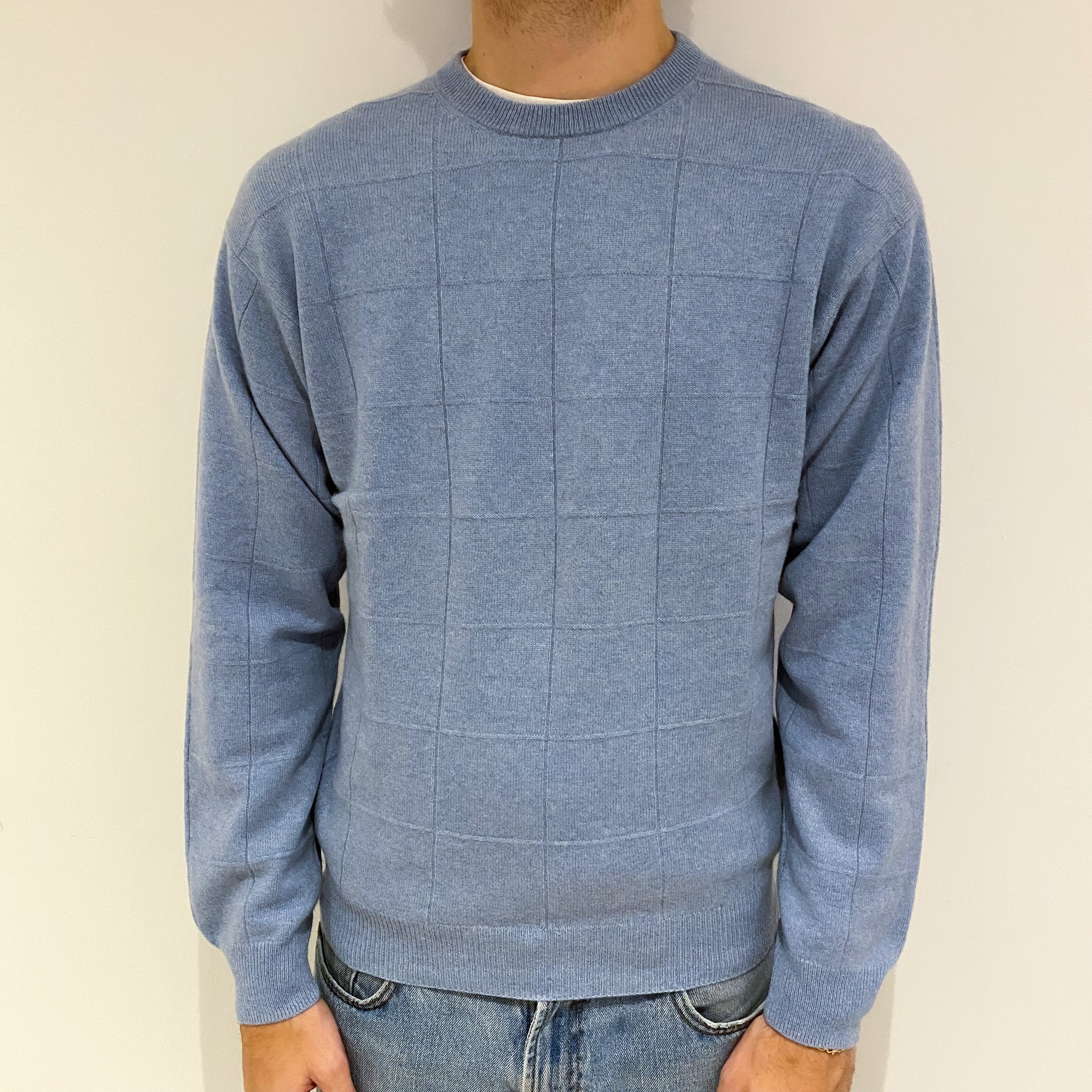 Men's Pale Blue Patterned Knit Cashmere Crew Neck Jumper Large