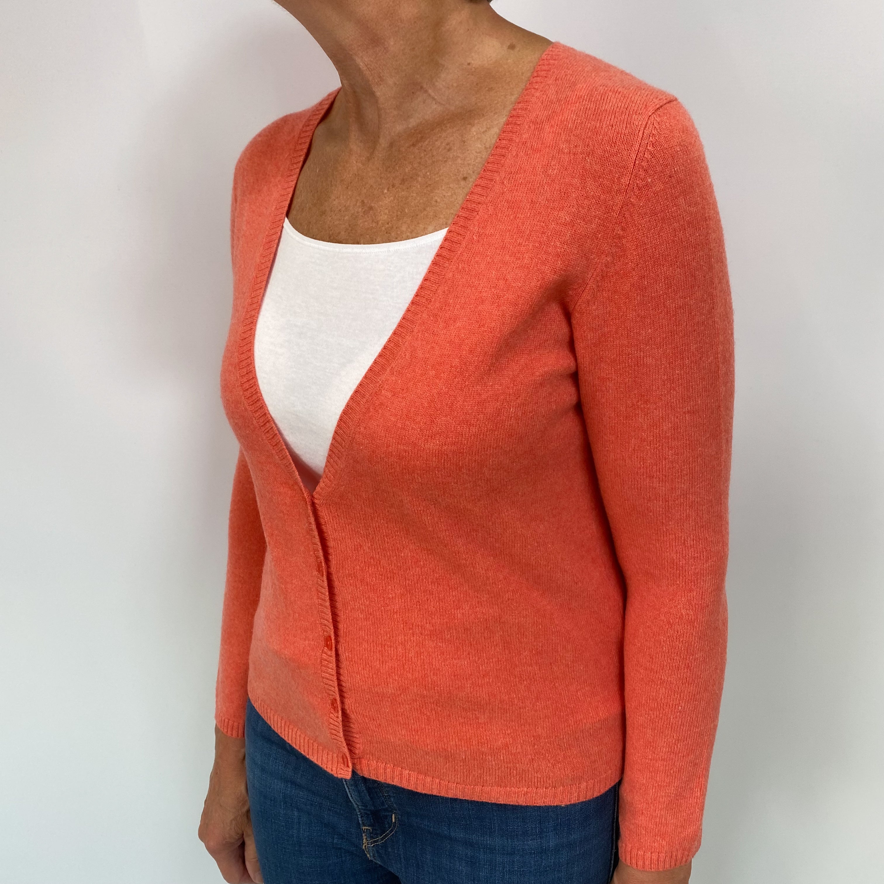 Coral Orange Cashmere V Neck Cardigan Medium