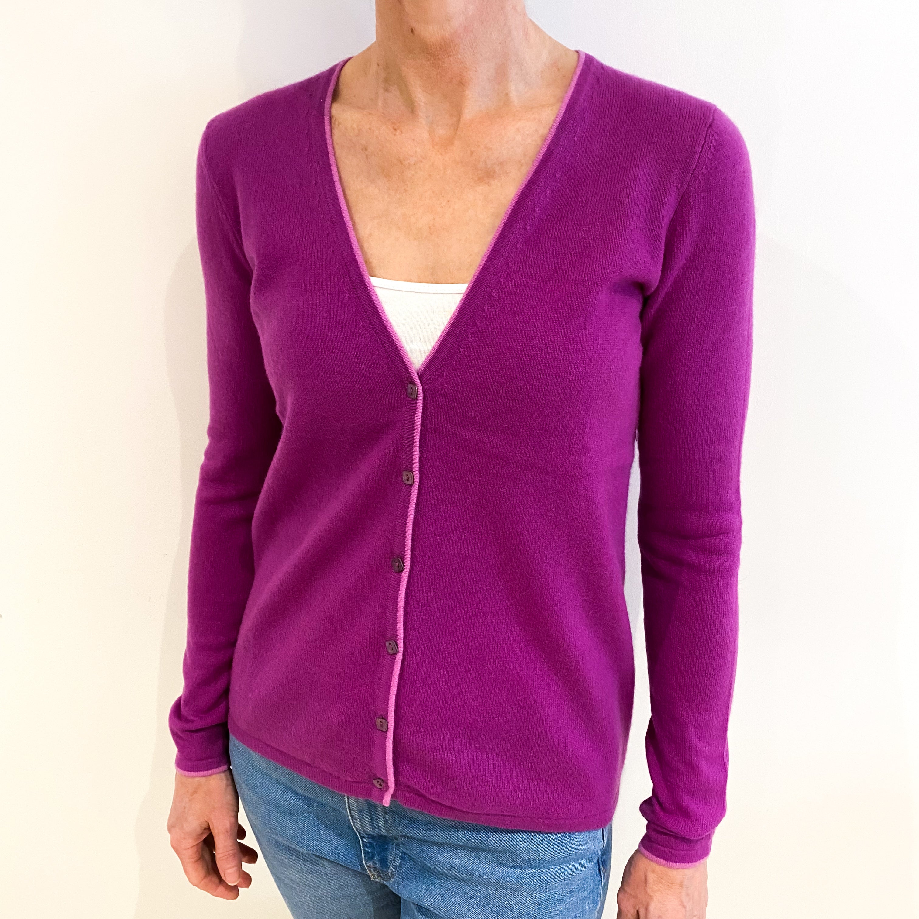 Magenta Purple Cashmere V Neck Cardigan Small