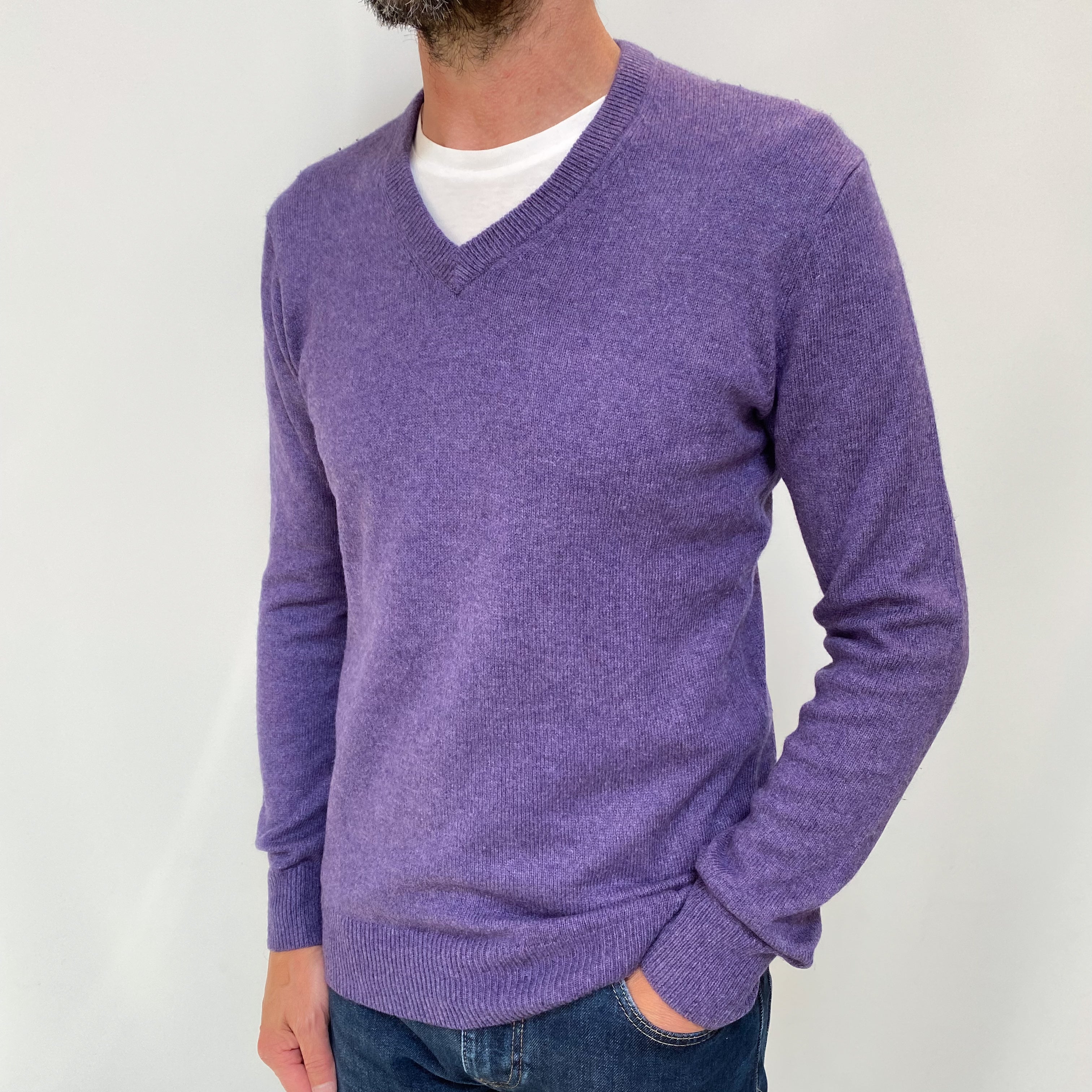 Men's Purple Marl Cashmere V Neck Jumper Small