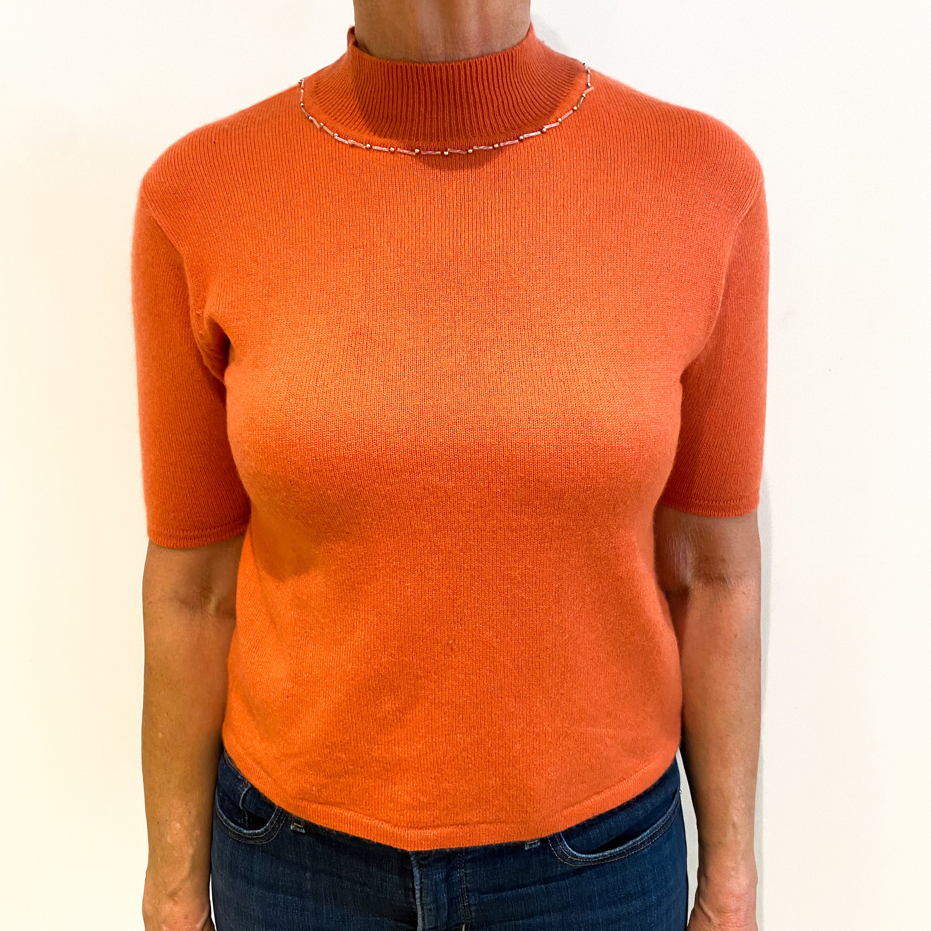 Crab Orange Cashmere Turtle Neck Short Sleeved Jumper Medium