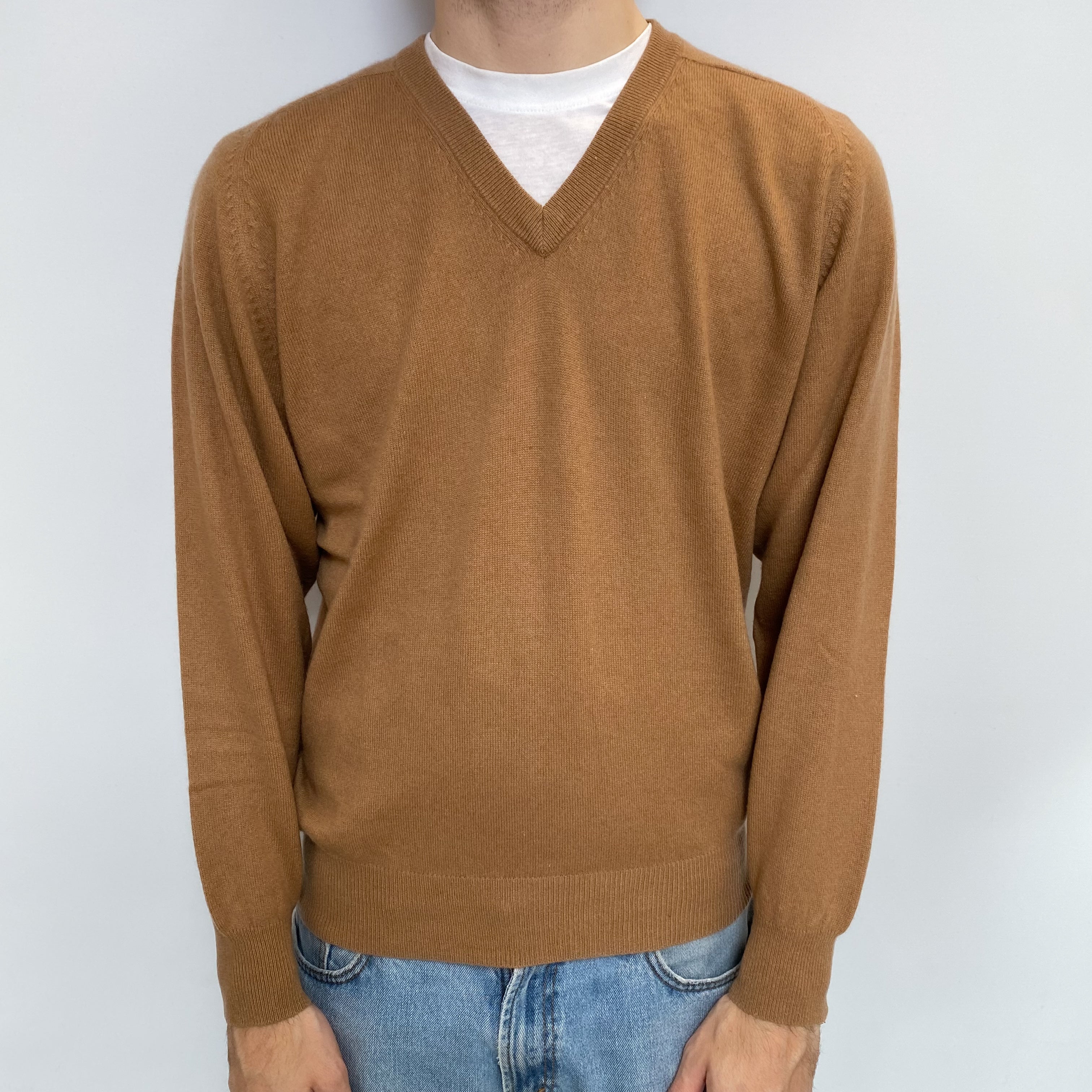 Men's Butterscotch Brown Cashmere V Neck Jumper Large