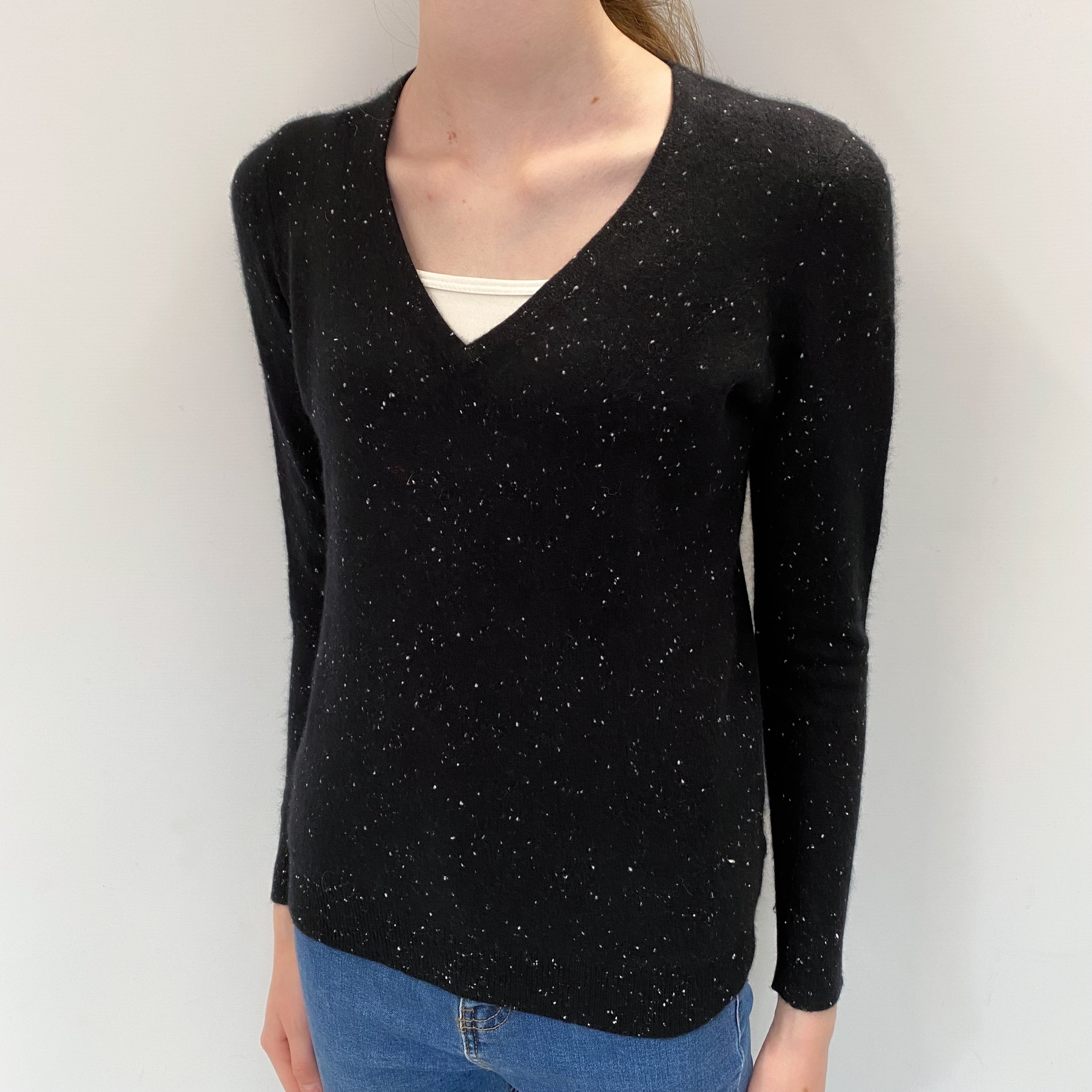 Black Flecked Cashmere V Neck Jumper Extra Small