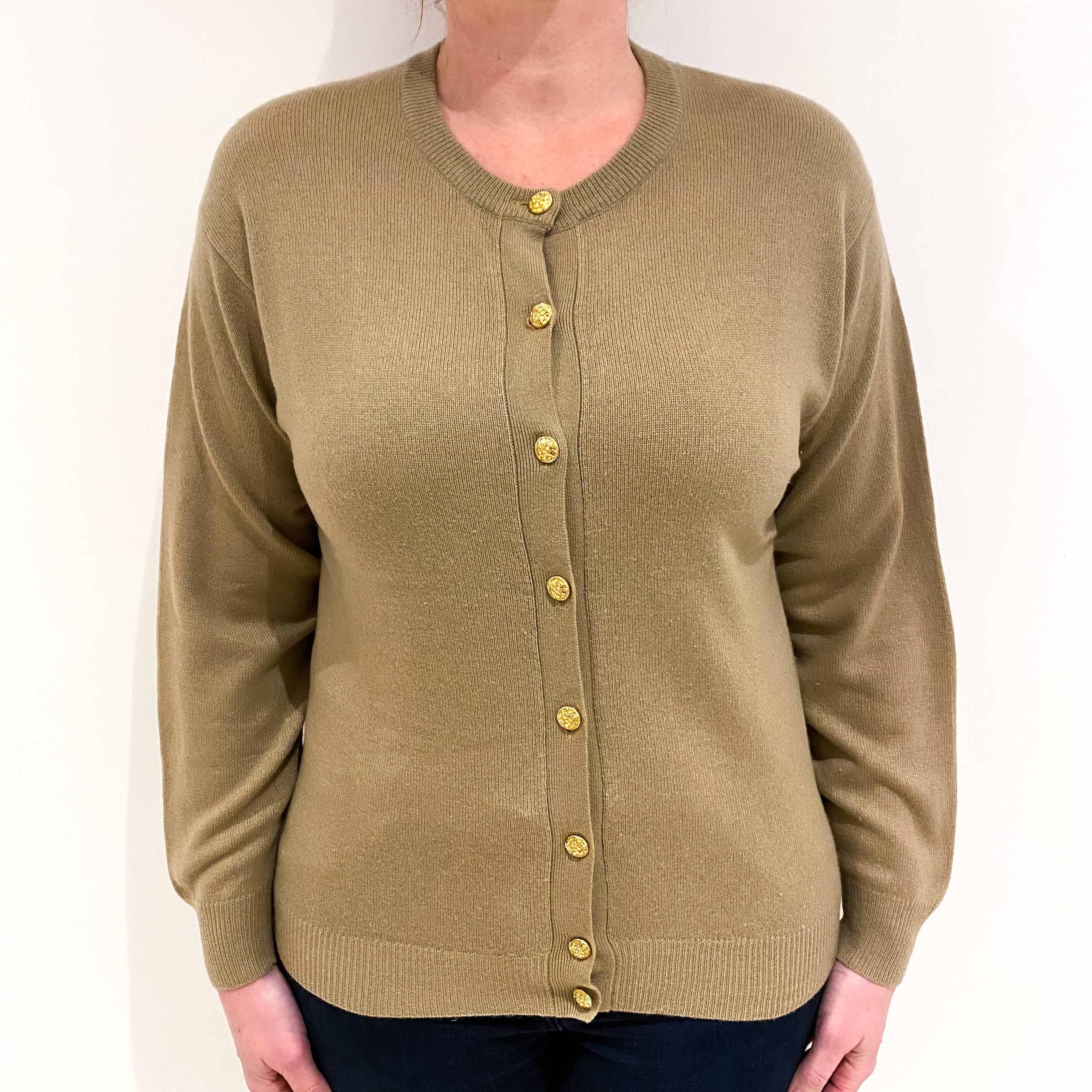 Soft Khaki Green Cashmere Crew Neck Cardigan Large