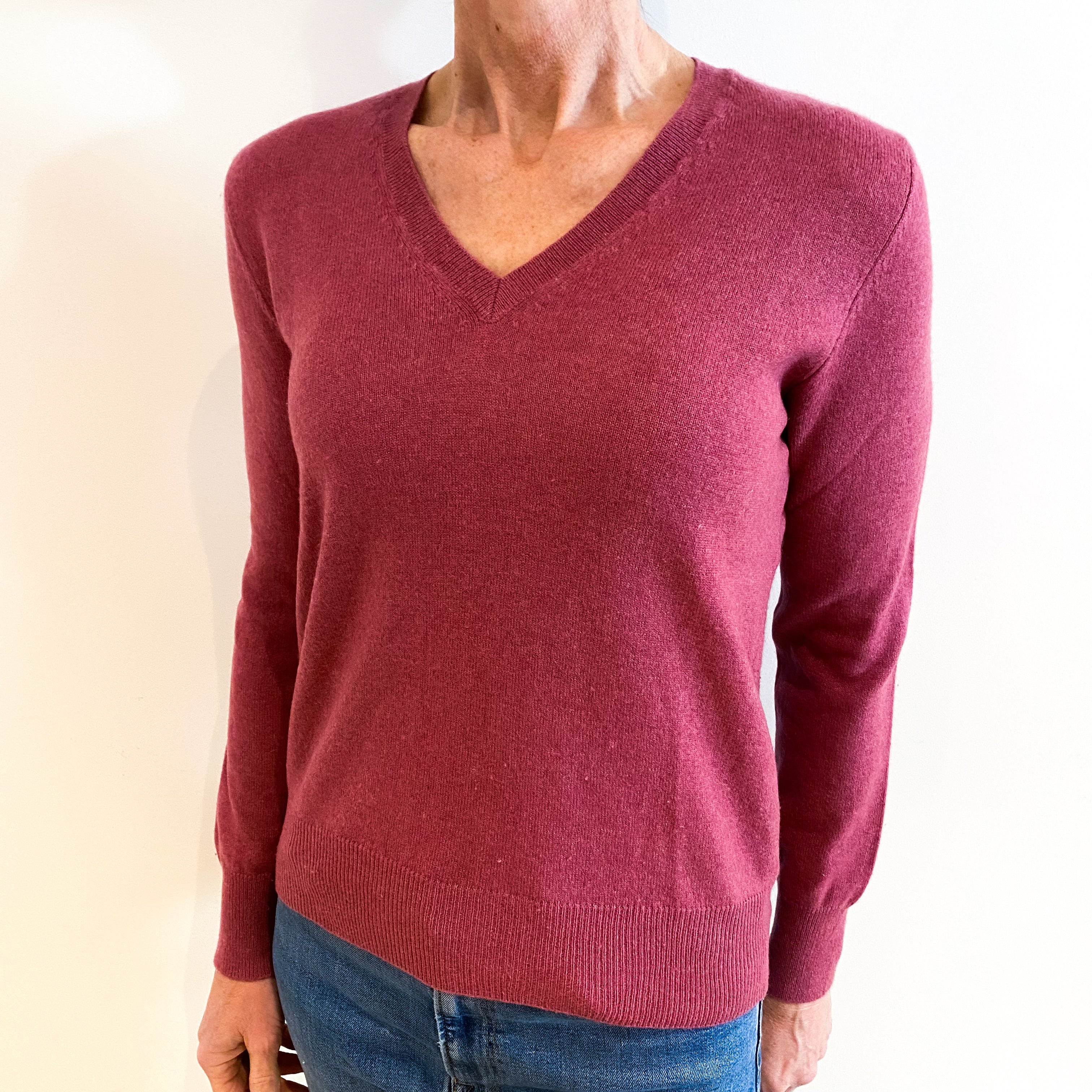 Heather Pink Cashmere V Neck Jumper Small