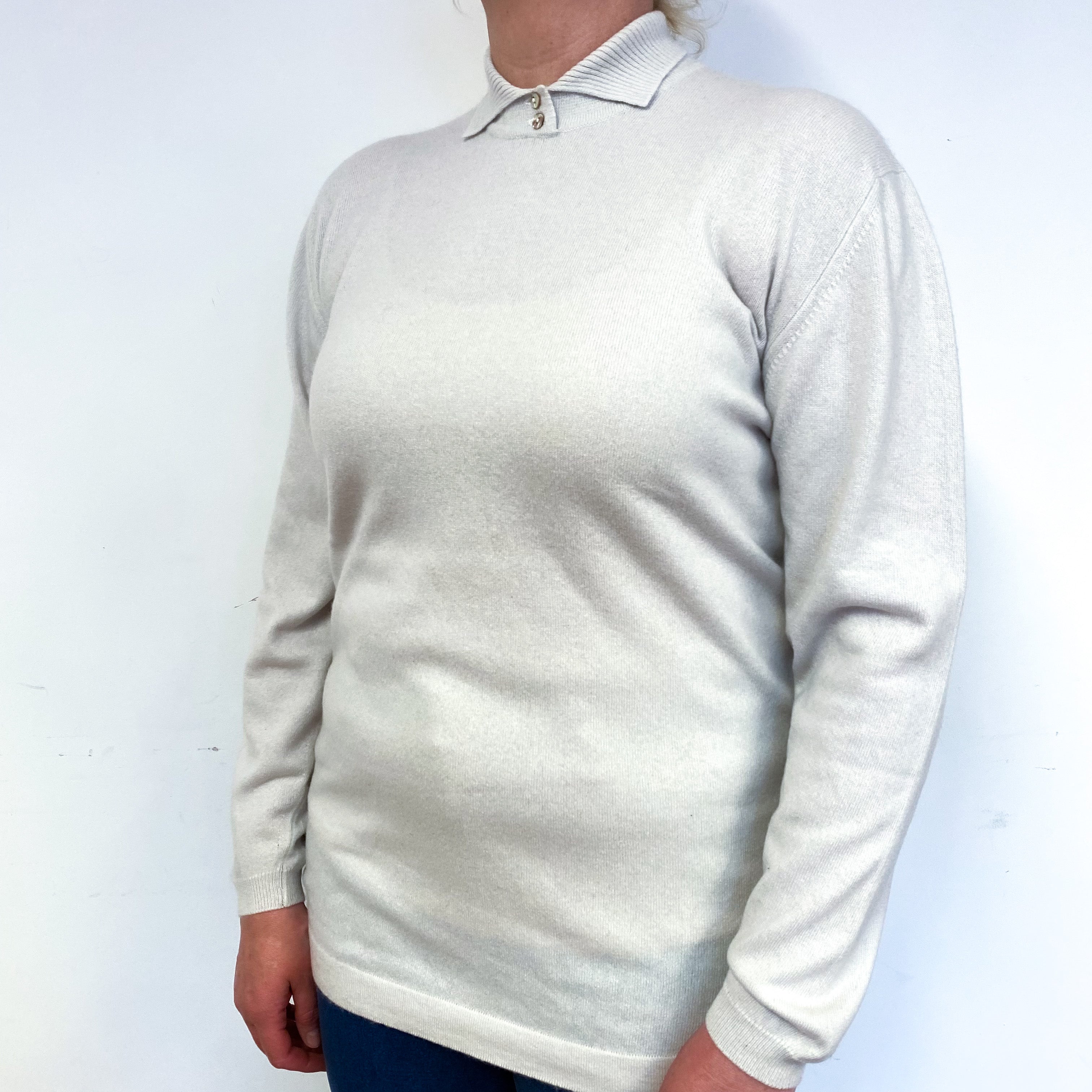 New Scottish Alabaster White Cashmere Collared Jumper Large