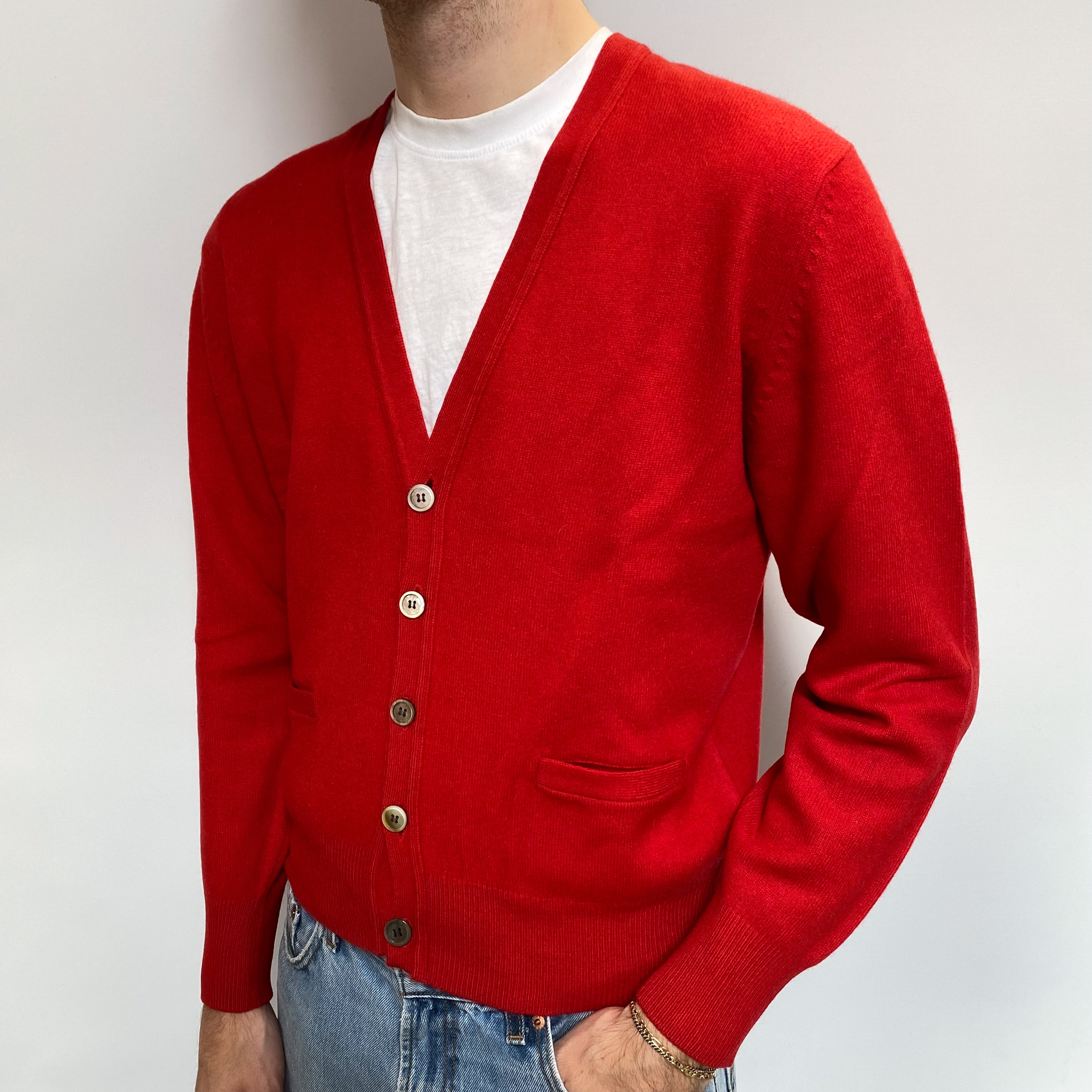 Men's Spanish Red Cashmere V Neck Cardigan Large Short