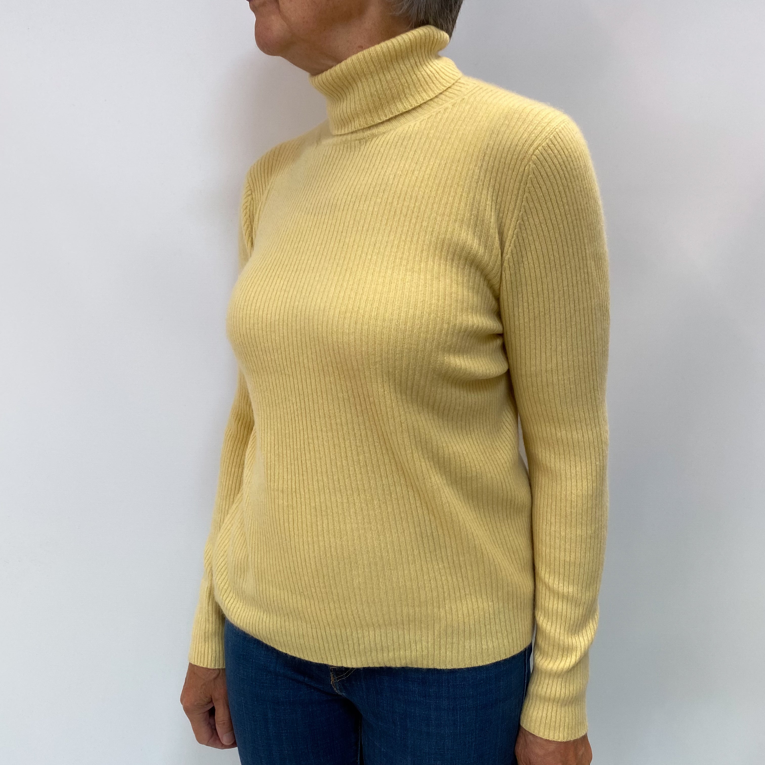 Custard Yellow Cashmere Polo Neck Rib Jumper Medium