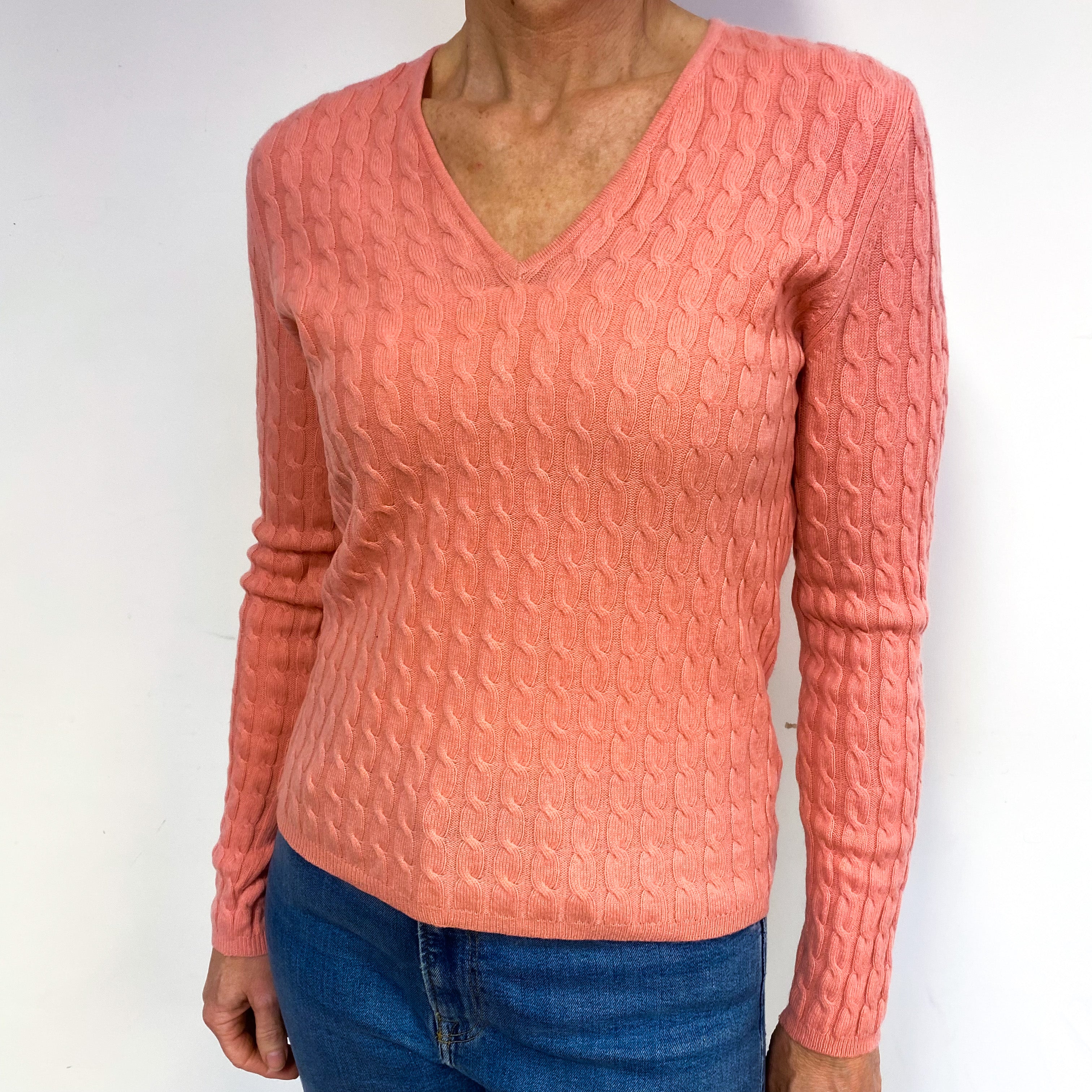 Coral Pink Cashmere V-Neck Jumper Medium